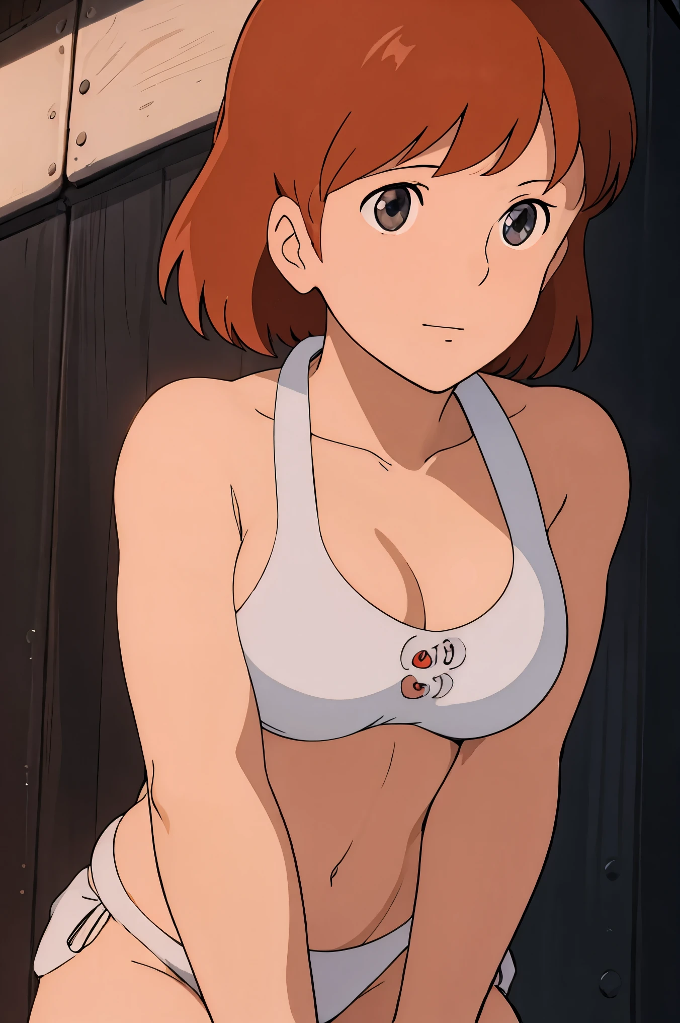 (masterpiece, best quality, high resolution, anime screencap, anime colored, 8k, photorealistic), Nausicaa,solo, brown hair, sad smile, (looking at viewer), cleavage, (white bikini:1.5), Curvey, cowboy shot, (lake, wet), (perfect detailed anatomy, beautiful detailed face&eyes:1.5, shiny skin, perfect sharp body)