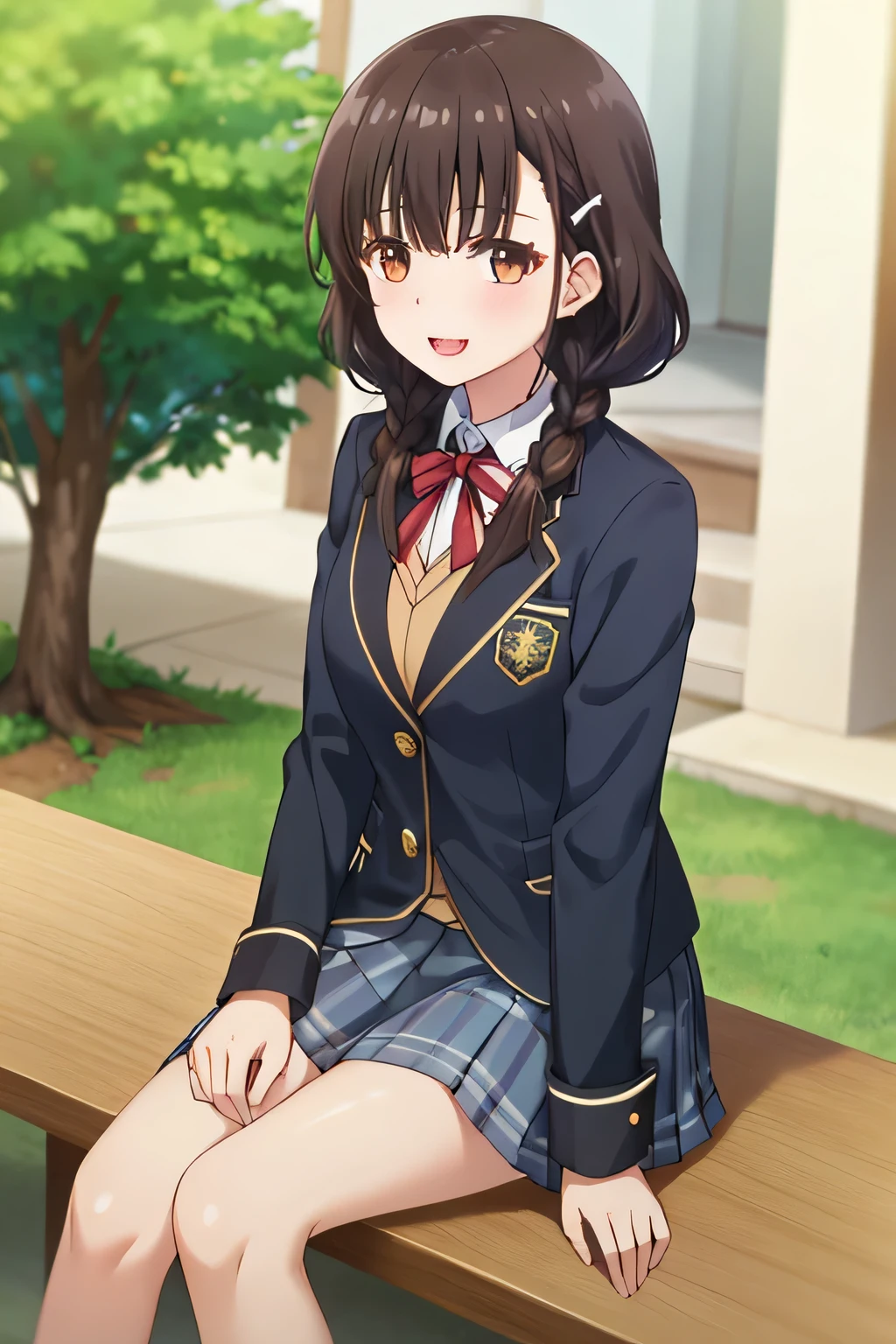 highest quality, (masterpiece:1.2), very detailed, School, outdoors,1 girl, by 2 person, irido yume, looking at the viewer, open your mouth, nice smile, brown eyes, dark brown hair, long braids, big hair clip, School uniform, Dark blue plaid knee-length skirt, white shirt, blue jacket, Golden coat of arms, red tie, lipstick、very shiny hair、laughter、bright look、The eyes of the brown loafers are shining、curiosity、the light is shining on your face、There&#39;There&#39;s a lot of light in my eyes