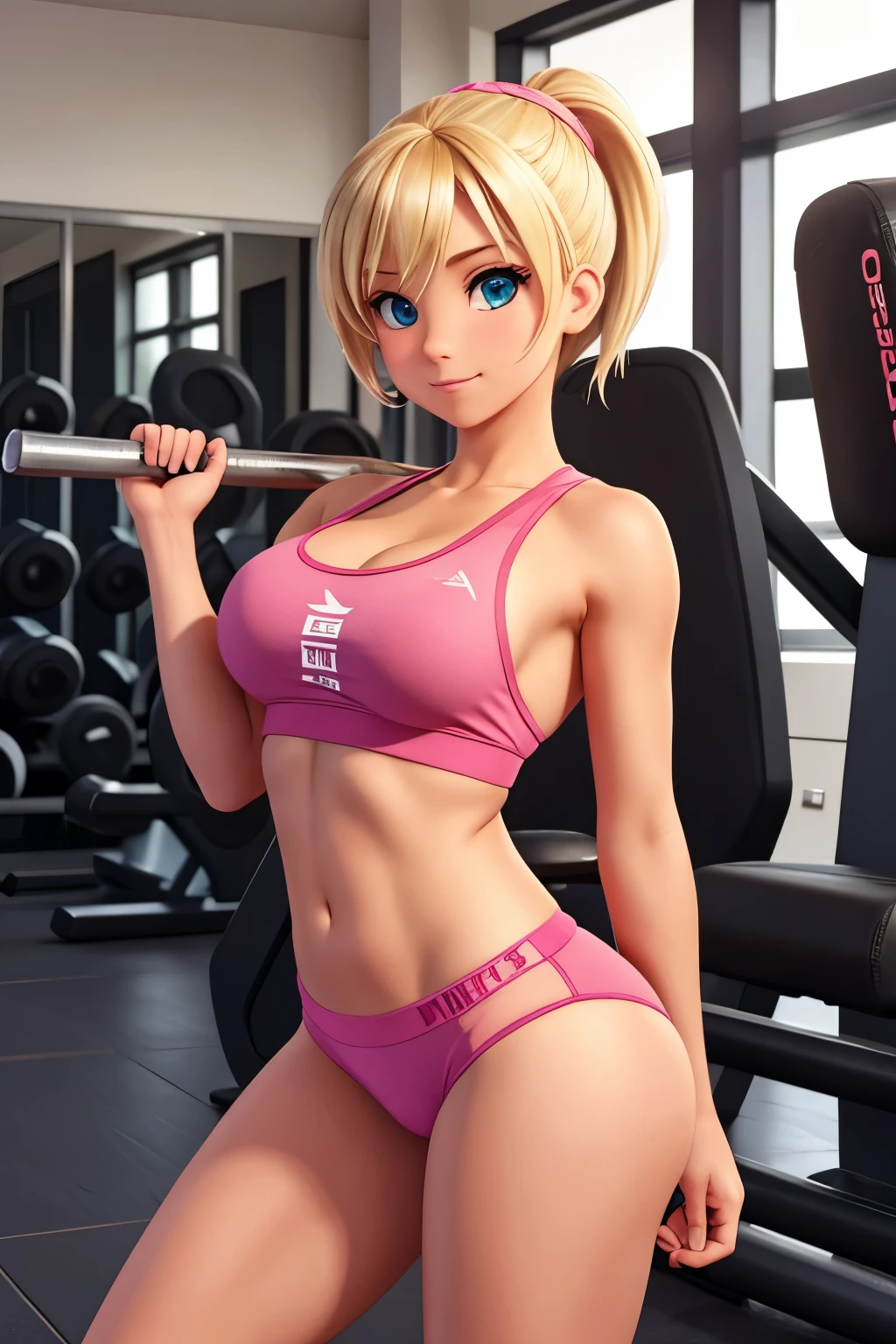 A girl with blonde hair, she is at the gym, she is wearing pink underwear