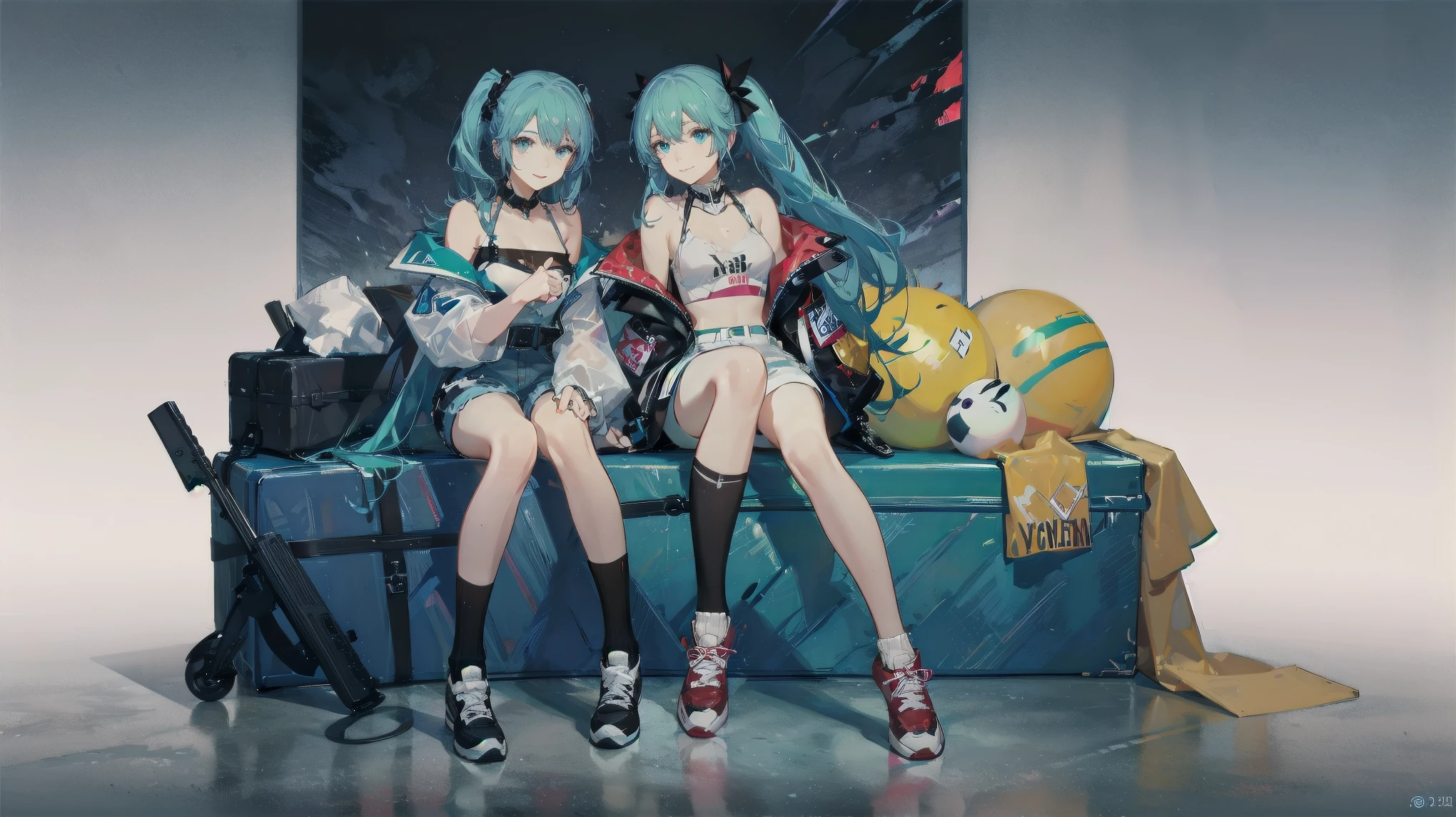 solo, hatsune miku, long hair, twintails, sitting, socks, jacket, shorts, looking at viewer, holding, very long hair, white background, shoes, aqua eyes, simple background, smile, aqua hair, belt, full body, white footwear, sneakers, white shorts, shirt, closed mouth, white socks, bangs, blue eyes, scrunchie, aqua nails, hair ornament, clothing cutout, off shoulder, phone