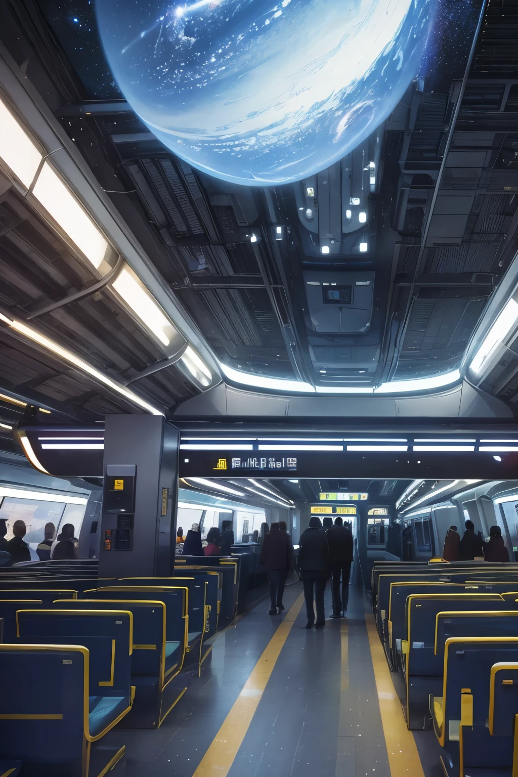 best quality, 32k, RAW photo, incredibly absurdres, extremely detailed, (Galaxy Express terminal station), super near future, wide variety of trains, colorful bustle, (background space, galaxy)