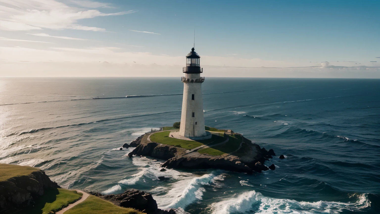 A brilliantly shining lighthouse, its light piercing through the darkness above the vast expanse of ocean. The towering structure stands steadfast against the crashing waves, guiding weary ships to safety with its beacon of hope. This stunning photograph captures the lighthouse in all its majestic glory, the pristine white tower gleaming against the deep blue backdrop of the sea. Every detail is crisp and clear, from the gentle sway of the surrounding grass to the intricate details of the light's reflection on the water. Immerse yourself in the breathtaking beauty of this iconic maritime scene.