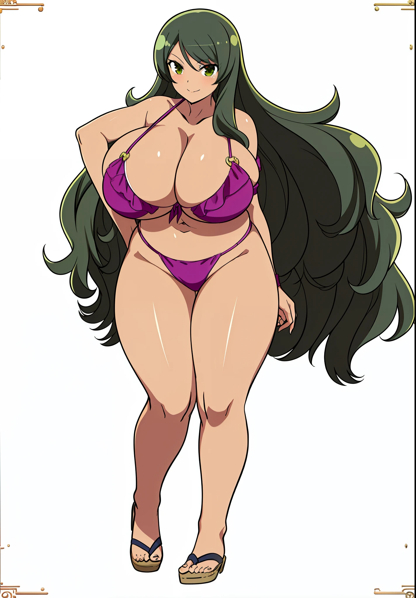 Cartoon image of a woman wearing a bikini, tits, tits proportions, big breasts!!, Close-up of lower body, big breasts!, Close-up of intense gesture style, She has a plump, round belly, huge breasts in covered sfw, junko enoshima, big breastsを持つ, Full body close-up shot, thick, big breastsを持つ,ageha,((dark skin)),(smile)