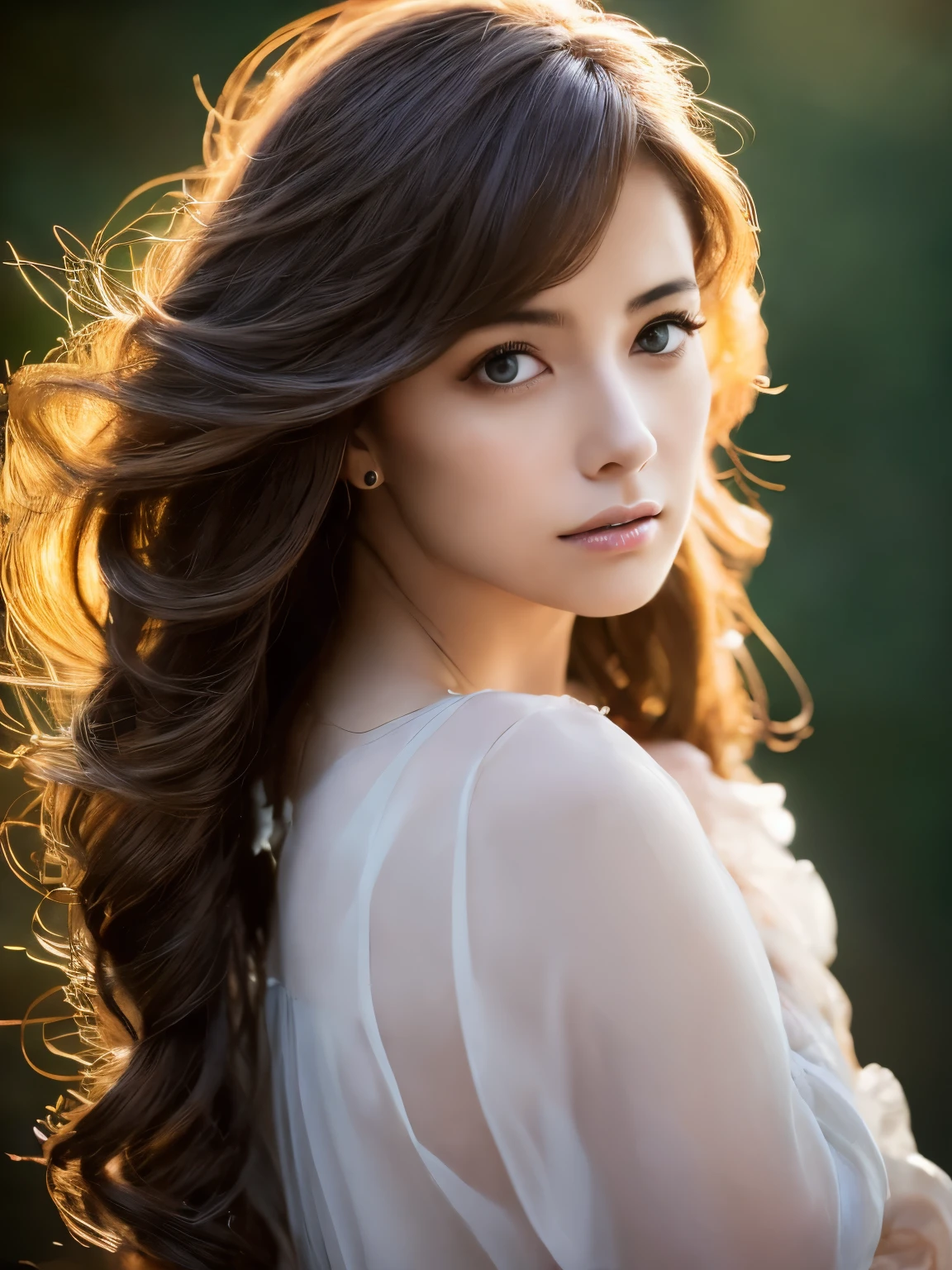 cinematic color, beautiful woman, shy expression, (best quality, ultra-detailed), gentle lighting, flowing hair, delicate features, dreamy atmosphere