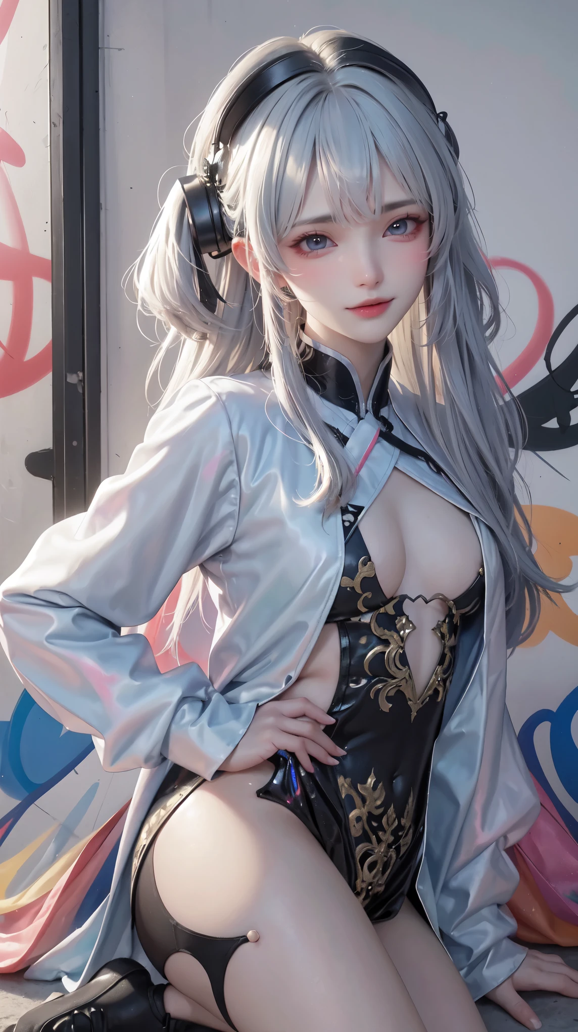 (best quality), masterpiece, 极其细致的CG8K插painting, high color, Extremely high color saturation, All colors are deepened, painting, graffiti art, central composition, Extremely detailed light and shadow, graffiti wall, The walls are painted bright colors, 1 girl graffiti 1 girl looking at the wall, The face and eyes are very detailed, medium length hair, sportswear, colorful clouds
