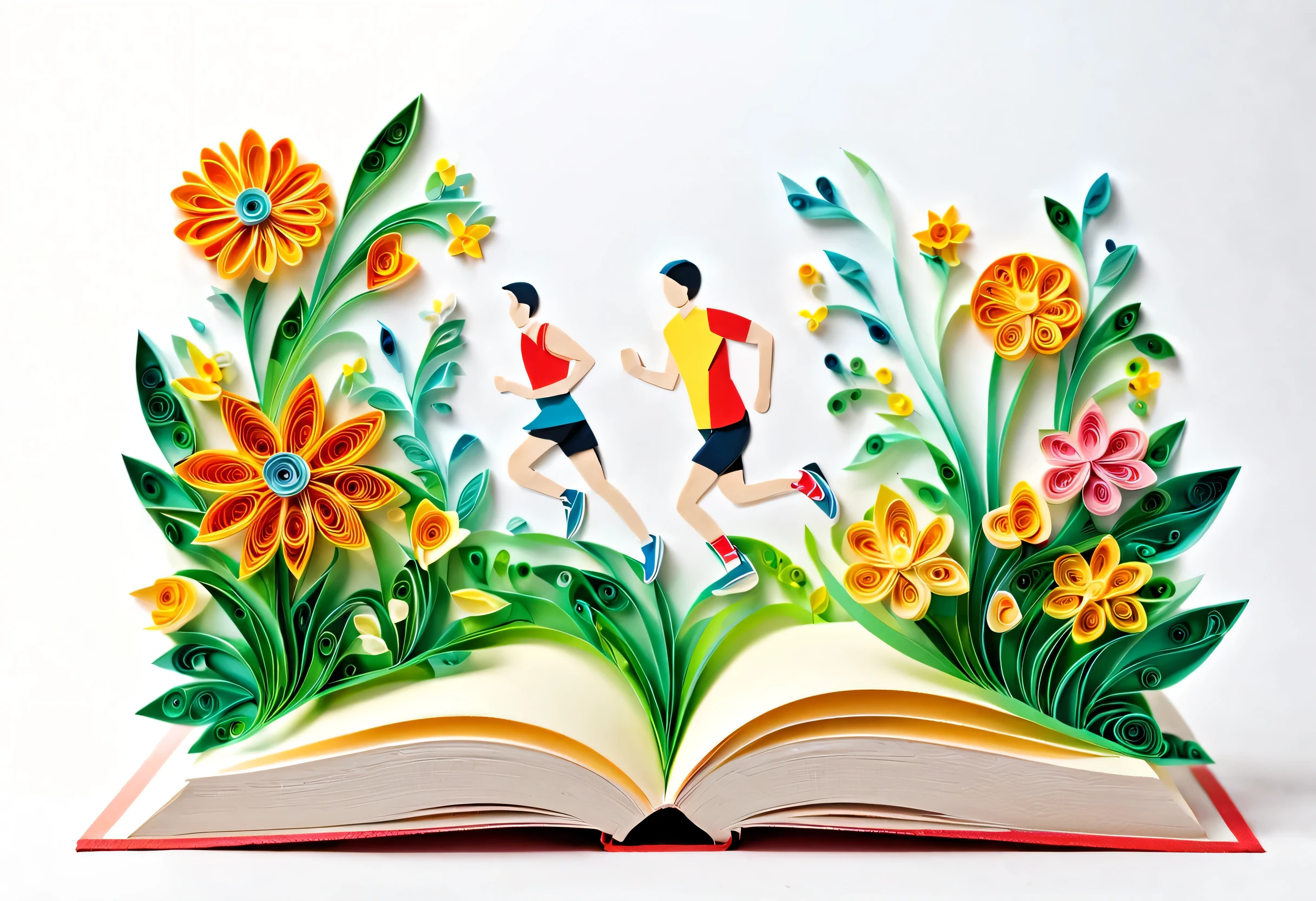 (paper art,layered paper art,paper quilling, 剪paper art术,Paper art ), pure white background, Open a vertical book, Running sports,spring