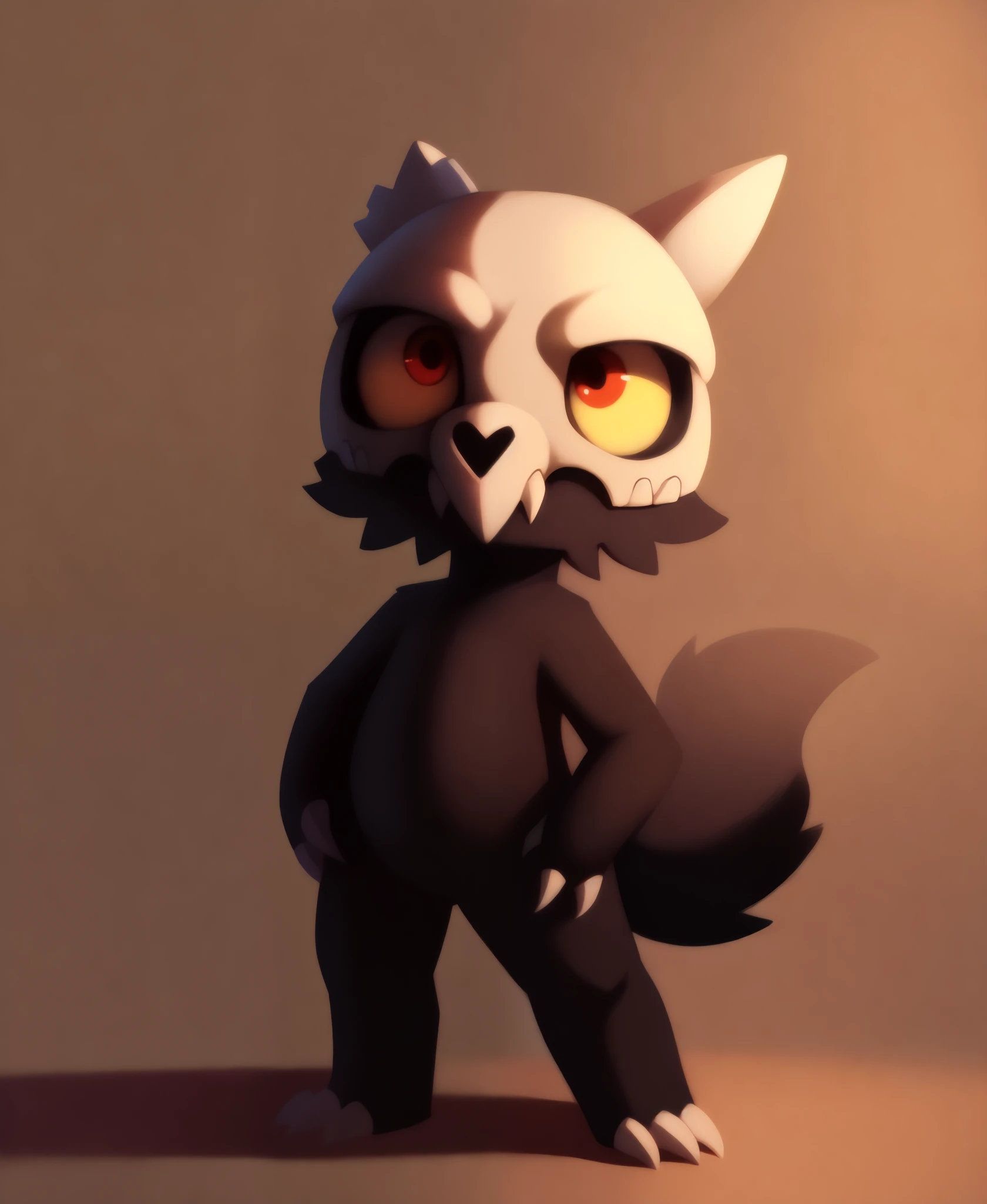 male, solo, king_clawthorne, skull head, (broken horn:1.1), yellow sclera, red eyes, claws, black body, black fur, countershading, furry, standing, looking up, full-length portrait, extreme detail, masterpiece, toe claws, tail, wolf tail, chibi