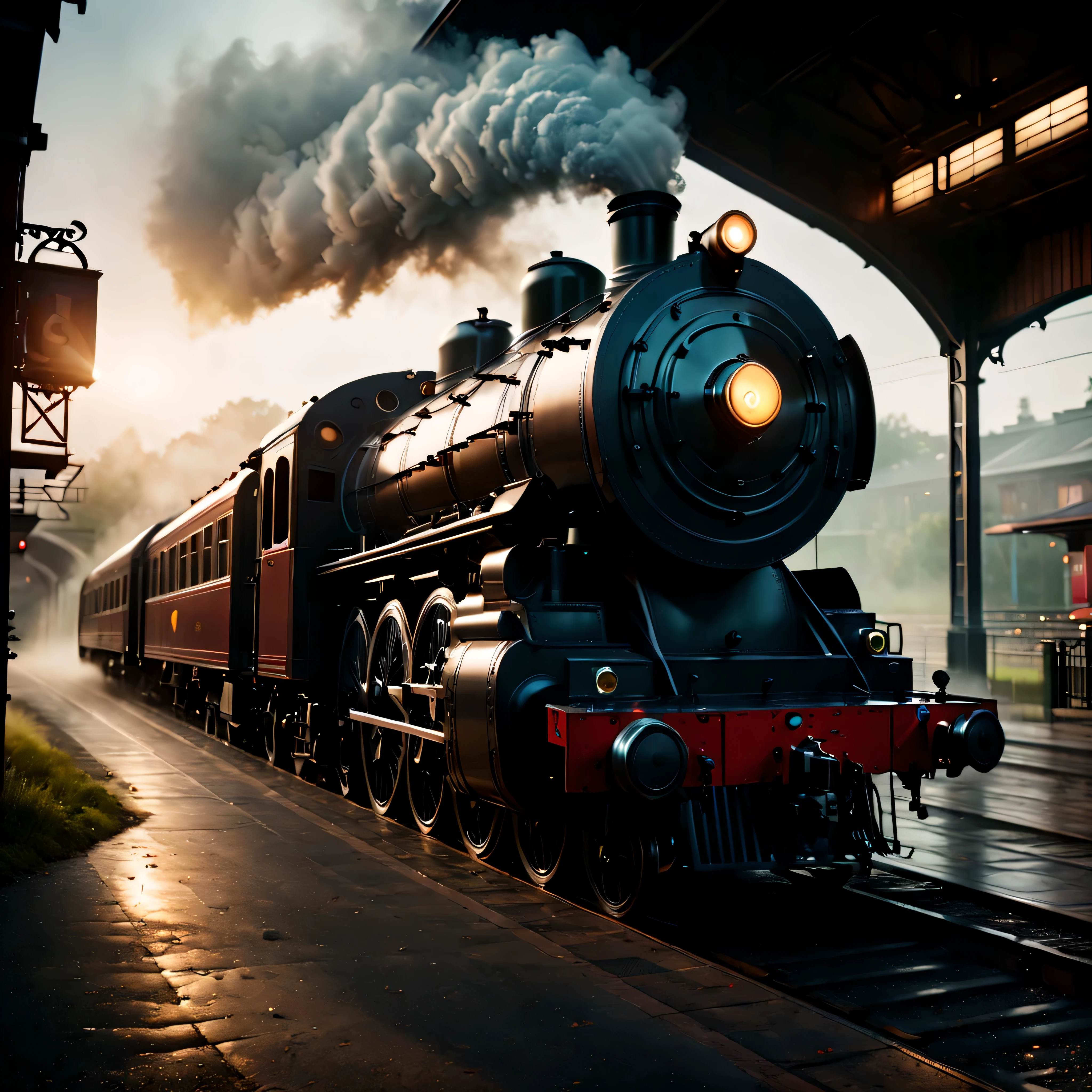 ((Masterpiece in maximum 16K resolution):1.6),((soft_color_photograpy:)1.5), ((Ultra-Detailed):1.4),((Movie-like still images and dynamic angles):1.3),| (cinematic photo of a Steam Train Station at Morning), (cinematic lens), (Sunlight), (dewdrops), (shimmer), (visual experience) ,(Realism), (Realistic),award-winning graphics, dark shot, film grain, extremely detailed, Digital Art, rtx, Unreal Engine, scene concept anti glare effect, All captured with sharp focus.