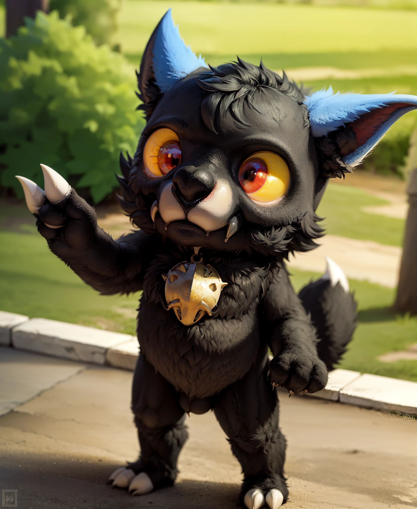 solo, king_clawthorne, skull head, (broken horn:1.1), yellow sclera, red eyes, claws, black body, black fur, countershading, furry, standing, looking up, full-length portrait, extreme detail, masterpiece, toe claws, tail, wolf tail, chibi