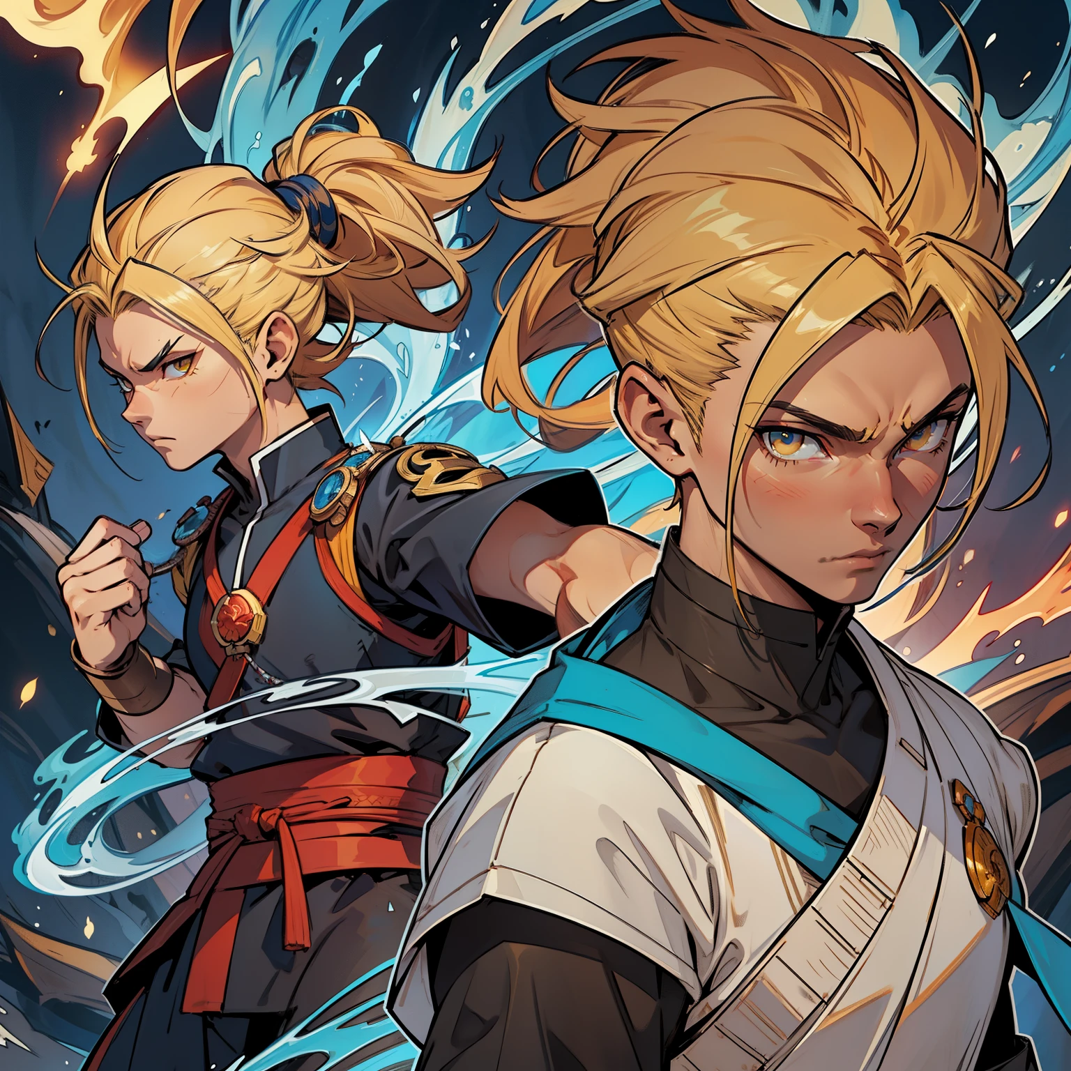 Close-up of a teenage man in costume alone, video game character design, video game character design, boy with hand covered in blue fire, blue fire, yellow eyes, mark below the eyes, boy with blonde hair monk clothes, male character solo, short blonde samurai hair, male character looking at screen, martial arts master, firebender, firebending, concept art specializing in high detail, blue fire concept art, serious character design, young , inspiration from Avatar The Last AirBender. concept art, black martial monk outfit with red and gold outlines, firebending
