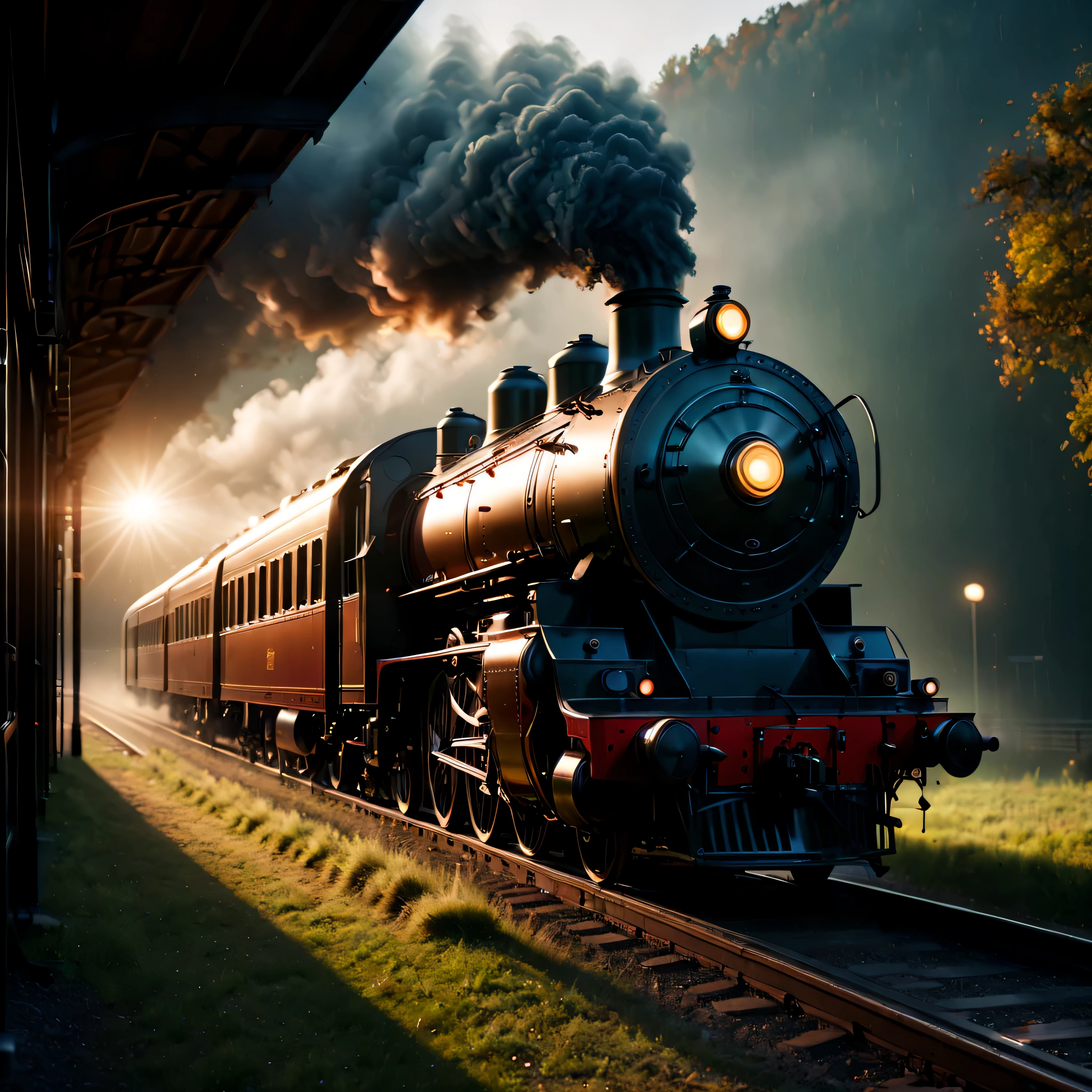 ((Masterpiece in maximum 16K resolution):1.6),((soft_color_photograpy:)1.5), ((Ultra-Detailed):1.4),((Movie-like still images and dynamic angles):1.3),| (cinematic photo of a Steam Train Station at Morning), (cinematic lens), (Sunlight), (dewdrops), (shimmer), (visual experience) ,(Realism), (Realistic),award-winning graphics, dark shot, film grain, extremely detailed, Digital Art, rtx, Unreal Engine, scene concept anti glare effect, All captured with sharp focus.
