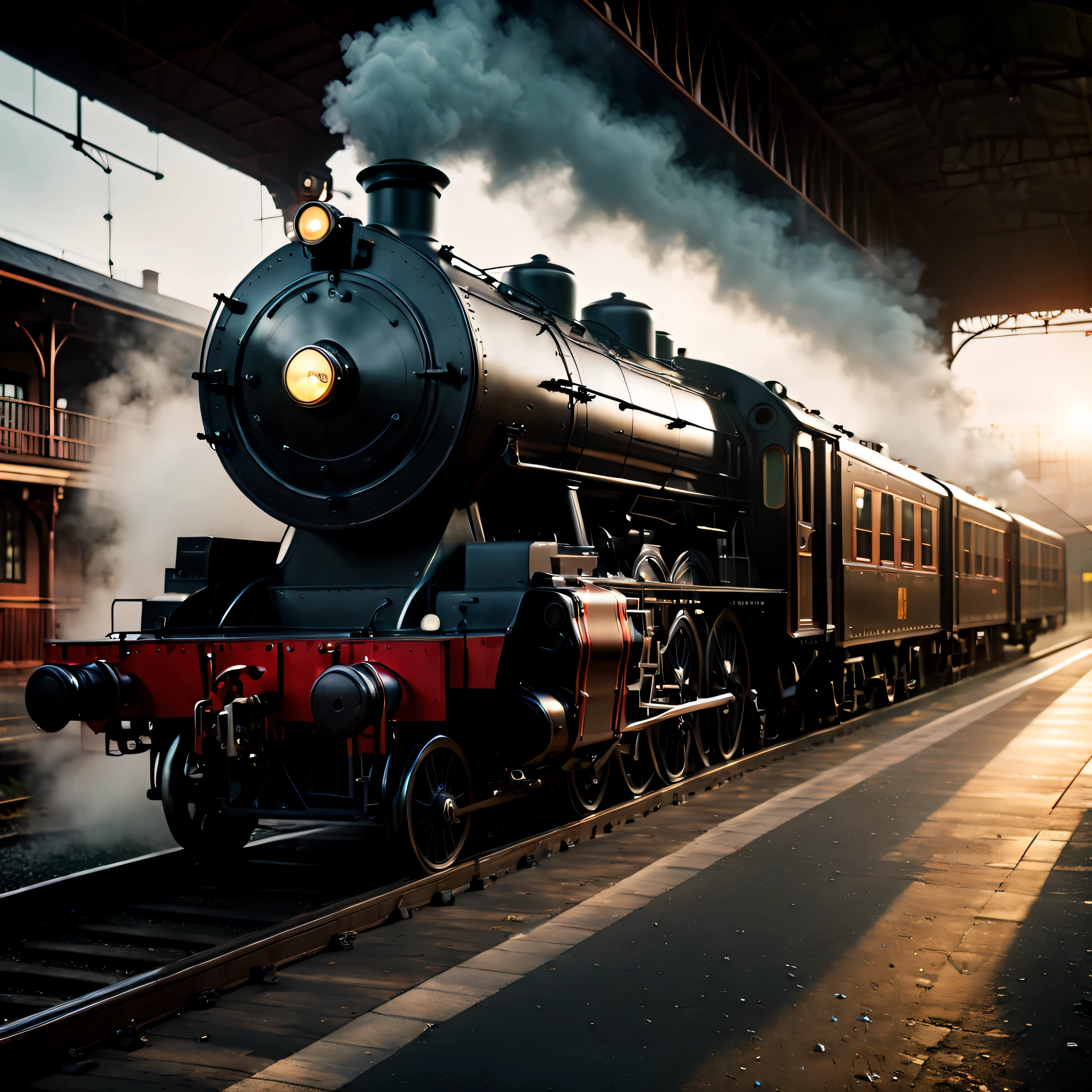 ((Masterpiece in maximum 16K resolution):1.6),((soft_color_photograpy:)1.5), ((Ultra-Detailed):1.4),((Movie-like still images and dynamic angles):1.3),| (cinematic photo of a Steam Train Station at Morning), (cinematic lens), (Sunlight), (dewdrops), (shimmer), (visual experience) ,(Realism), (Realistic),award-winning graphics, dark shot, film grain, extremely detailed, Digital Art, rtx, Unreal Engine, scene concept anti glare effect, All captured with sharp focus.
