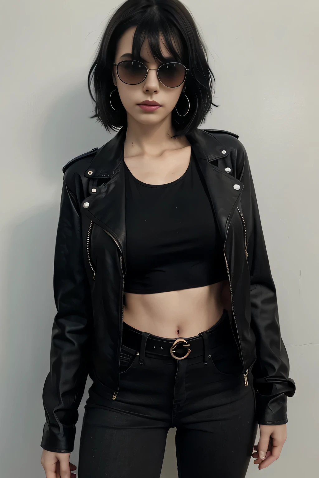 gothic girl, pelo negro corto y desordenado con flequillo, pale white skin, maquillaje negro, gafas de sol redondas, pendientes, pechos medianos, Bien, Camiseta sin mangas, figura flaca, cintura, muslos, bikini con tirantes, jeans ajustados negros, chaqueta de cuero negro, Belt on jeans, botas