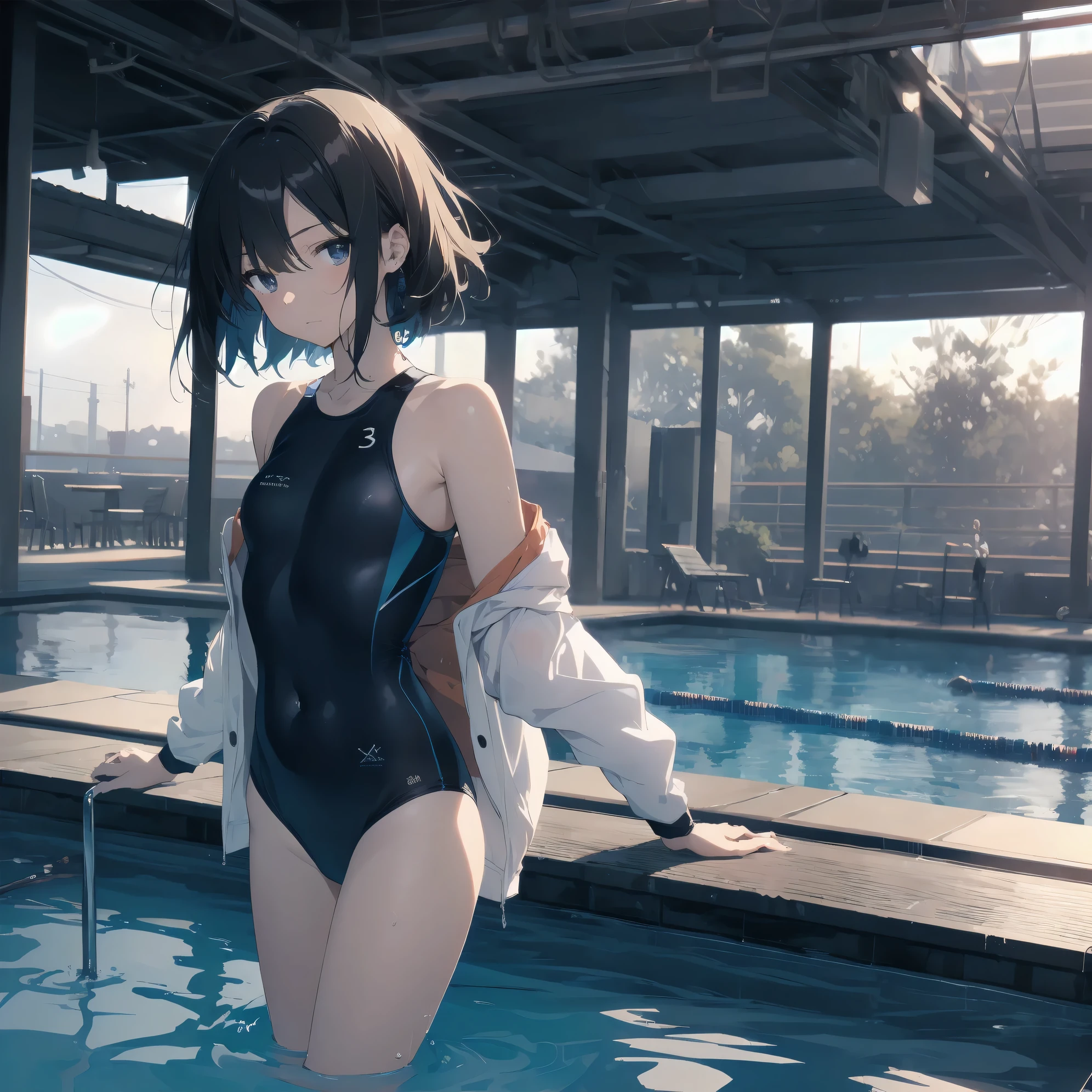 Fujiyama, no、wife,Super absurd quality by the god of art, super detailed, High resolution, anime moe art style, Best Anime 8K Kona-chan Wallpaper, pixiv contest winner, perfect anatomy, break,(Please draw a picture of a girl standing sleepily by the pool in a blue ワンピースwater着. )break,1 girl, (alone, woman, baby fears old:1., full finger,, The charm of an immature body, Wet, (very_short hair), Wet hair, dripping, flat chest, Wet body, small ass, between legs, small black eyes, detailed and beautiful eyes, Well-proportioned iris and pupils, expressive eyes, sleepy eyes, High resolutionの詳細な髪, ワンピースwater着, スクールwater着, (detailed lighting), (detailed background), Pool ladder, Poolside, water, at the school pool. break,super dense skin, shiny skin, Best movie lighting by famous artists, 8k,cute illustration,photoshop_(Moderate),Absurd Hi-Res,Hmm,rough skin