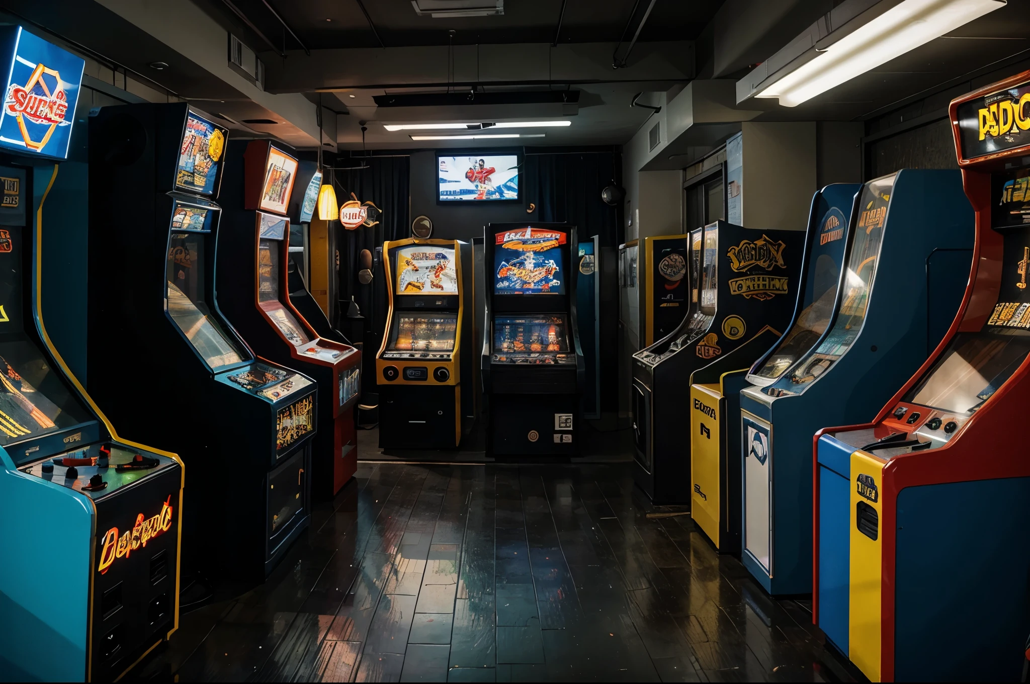 A high quality photo of a room full of arcade machines. The background is a dimly lit arcade filled with multiple arcade machines, flashing lights, and people in the distance. The overall ambiance of the photo is cinematic and nostalgic, evoking a sense of 80s, photo, cinematic