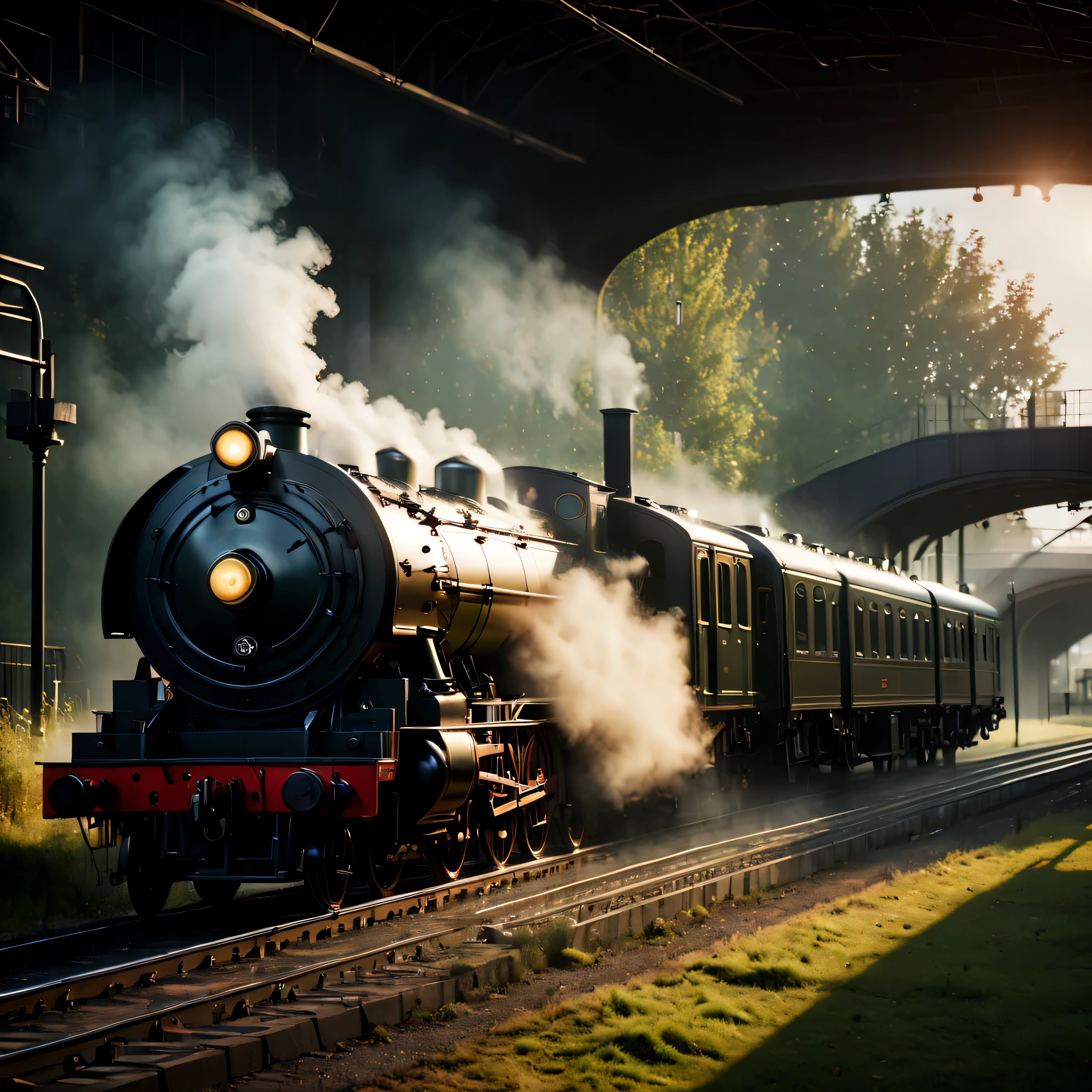 ((Masterpiece in maximum 16K resolution):1.6),((soft_color_photograpy:)1.5), ((Ultra-Detailed):1.4),((Movie-like still images and dynamic angles):1.3),| (cinematic photo of a Steam Train Station at Morning), (cinematic lens), (Sunlight), (dewdrops), (shimmer), (visual experience) ,(Realism), (Realistic),award-winning graphics, dark shot, film grain, extremely detailed, Digital Art, rtx, Unreal Engine, scene concept anti glare effect, All captured with sharp focus.