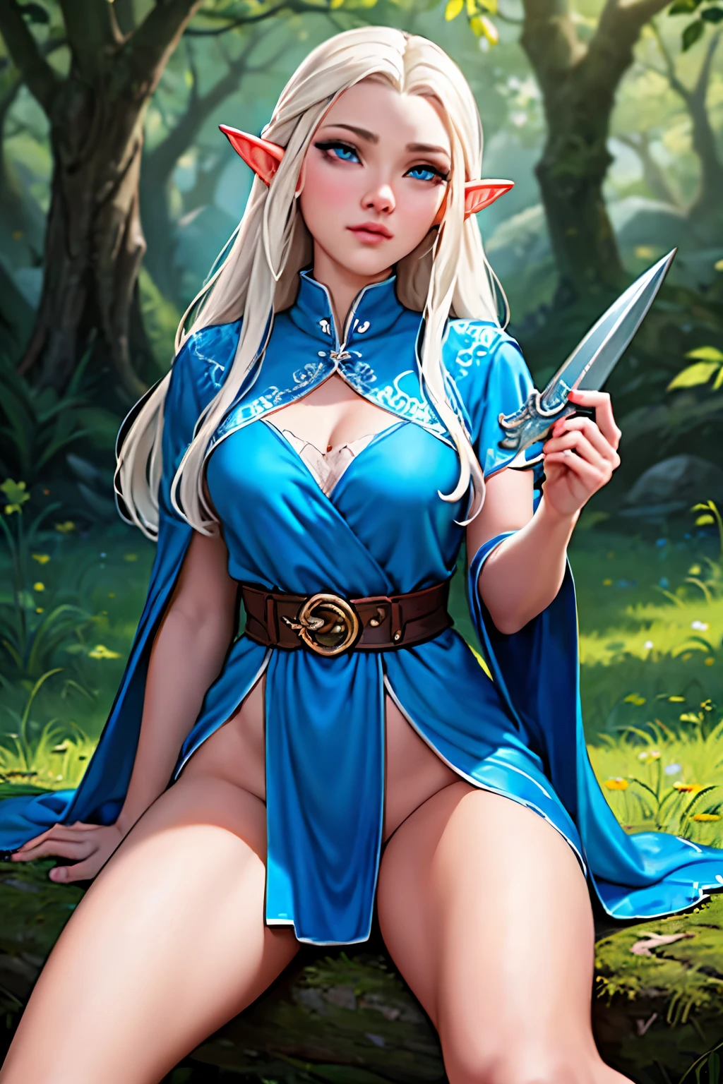 A beautiful and arrogant female elf, long white hair, bob front, elf ears, blue eyes, thin lips, round face, medium breasts, wearing gray archer tunic, female elf, holding a dagger, indifferent look, sitting with legs open on an oak throne full of roots around