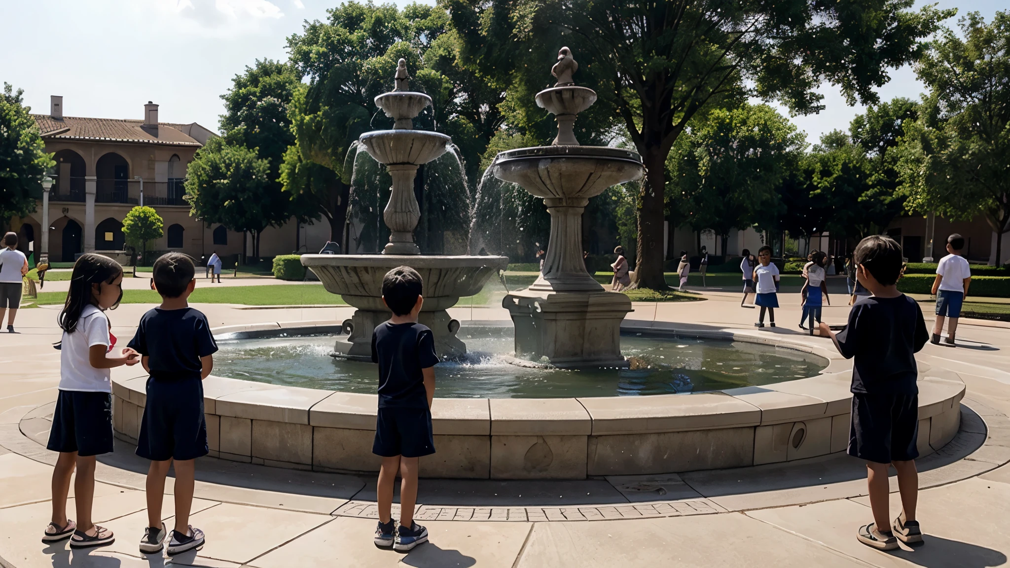 A group of children gathered around a public fountain without water.