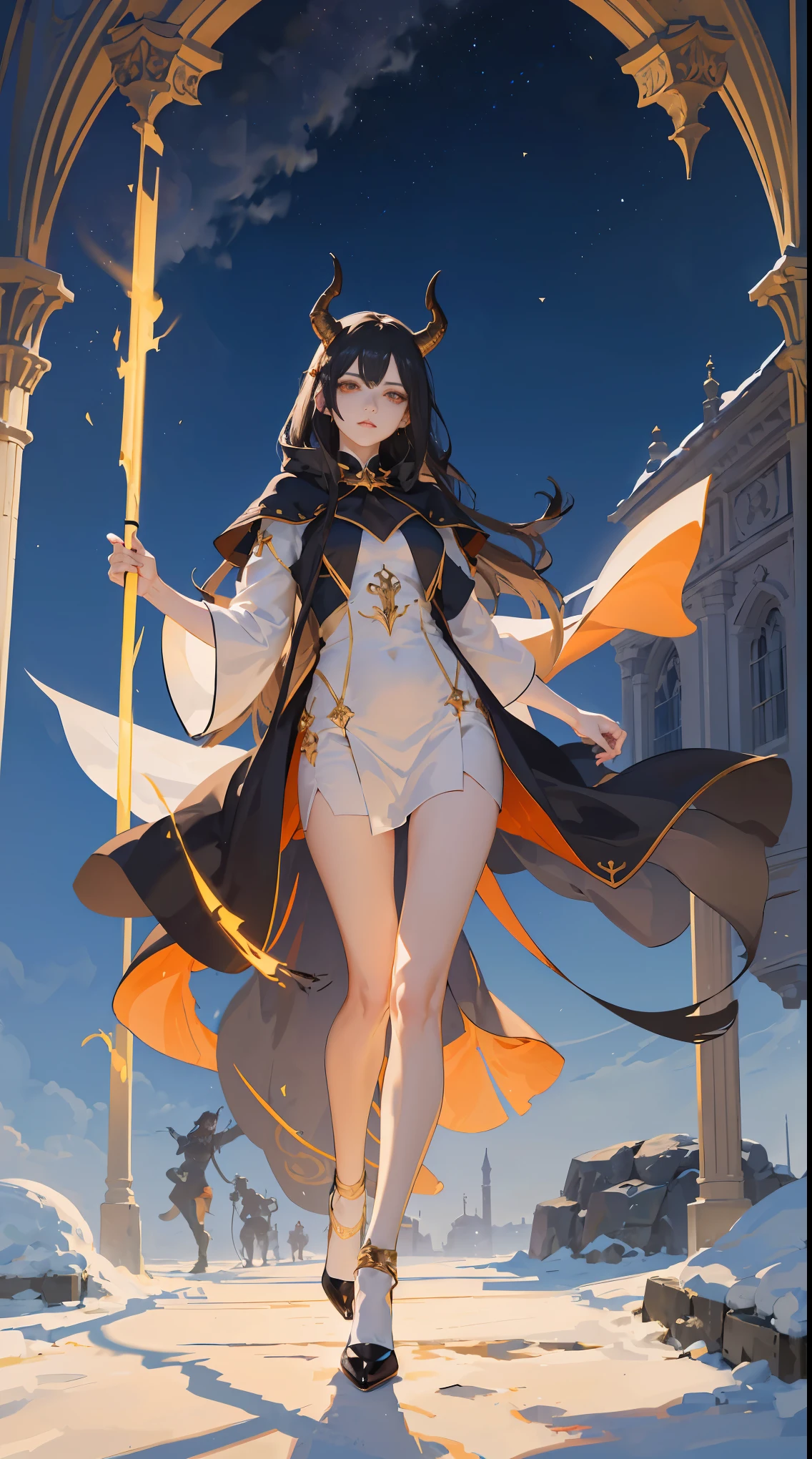 Seven Rhaeyar, Ancient Star goddess, Perfect female anatomy (Adult Female, 166cm in height, pale skin, slim, slender, 34D breast size, Dark Orange Eyes with beautiful details, Long Straight Black Hair, Beauty Mark Mole on right cheek bone, a set of black horns on her head), Neutral facial expression, Elegant white dress with black bow tie, blue coat knee length, dragon motifs, gold and rope accessories, View of the open blue sky with only clouds, receiving light from the front, Ethereal glow