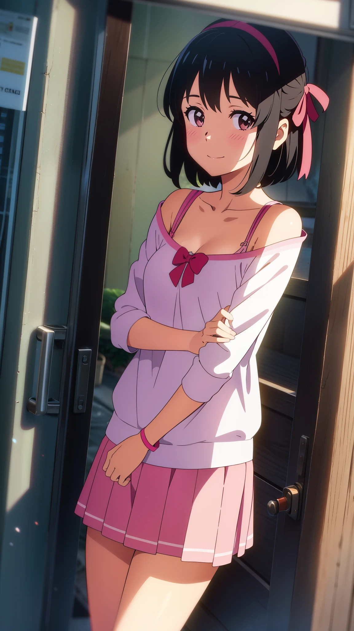 shinkai makoto, kimi no na wa., 1girl, bangs, black hair, blush, bright eyes, brown eyes, red headband, red bow, red ribbon, short hair, smile, cute, beautiful, shiny skin, looking at the viewer, solo, pink shirt, collarbone, Off-the-shoulder, short skirt, bra strap, breastsout, cowboy shot, standing, outside of house