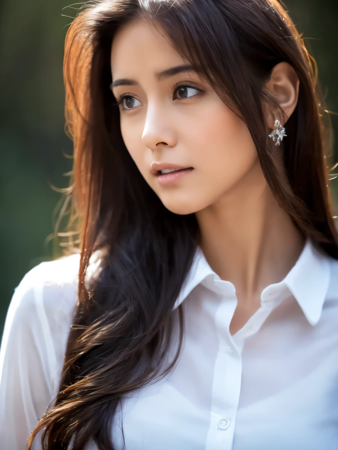 cinematic color, beautiful Eurasia woman, shy expression, (best quality, ultra-detailed), gentle lighting, flowing hair, wearing see-through white shirt and jeans, delicate features, dreamy atmosphere