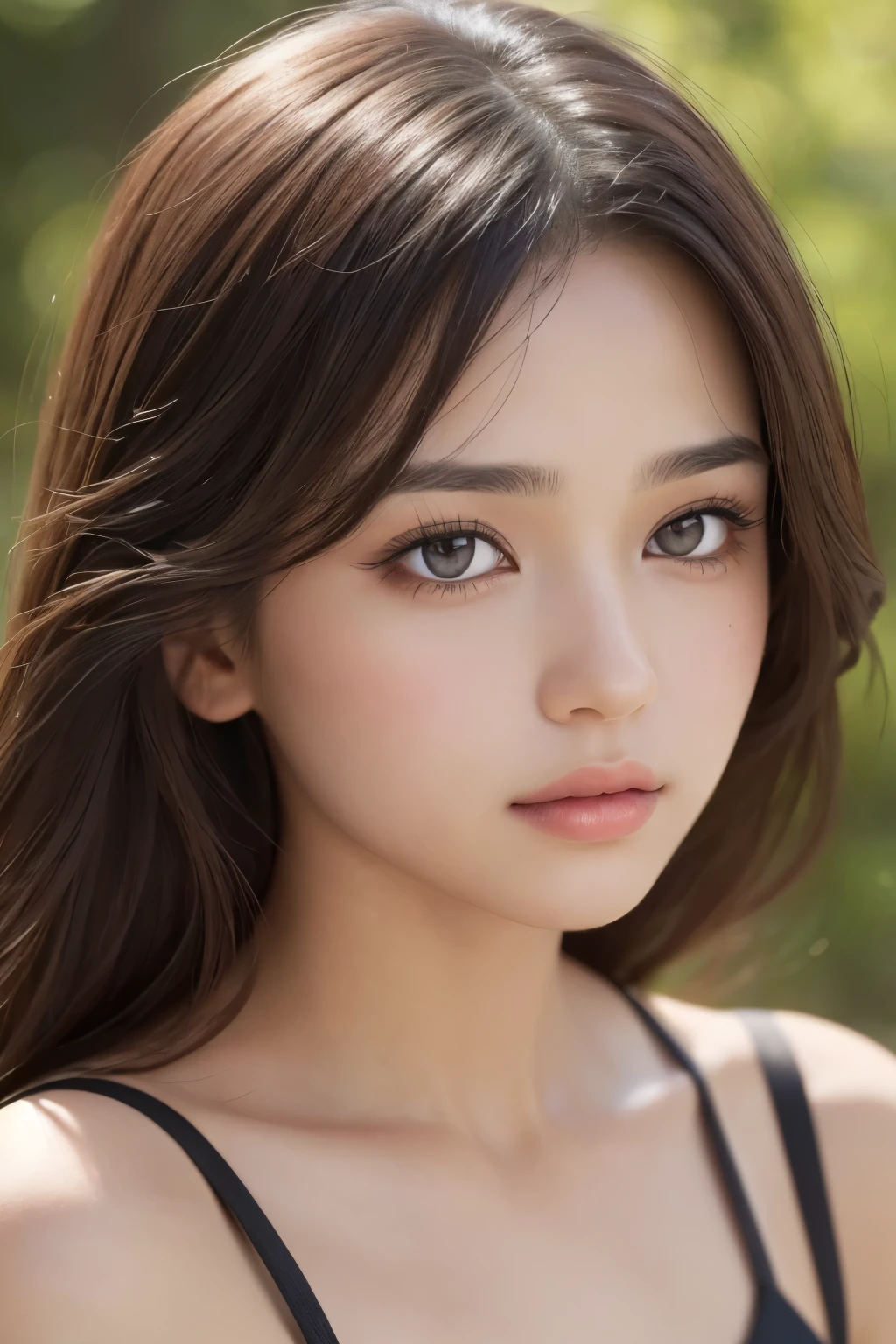 (8K, top-quality, masterpiece: 1.2)
(reallistic, Photorealistic: 1.2)
A beautifully radiant girl, 14 years old, with a captivating face that leaves one in awe. Her features are intricately detailed, with a complexion showcasing a natural skin texture and hyper-realistic lifelike qualities. Her eyes, large and expressive, are framed by fine, beautiful lashes and shimmering with deeply inviting depth. The browns of her eyes contrast perfectly with her sleek, dark brown hair that cascades down her shoulders, adding to her enchanting allure. Her lips