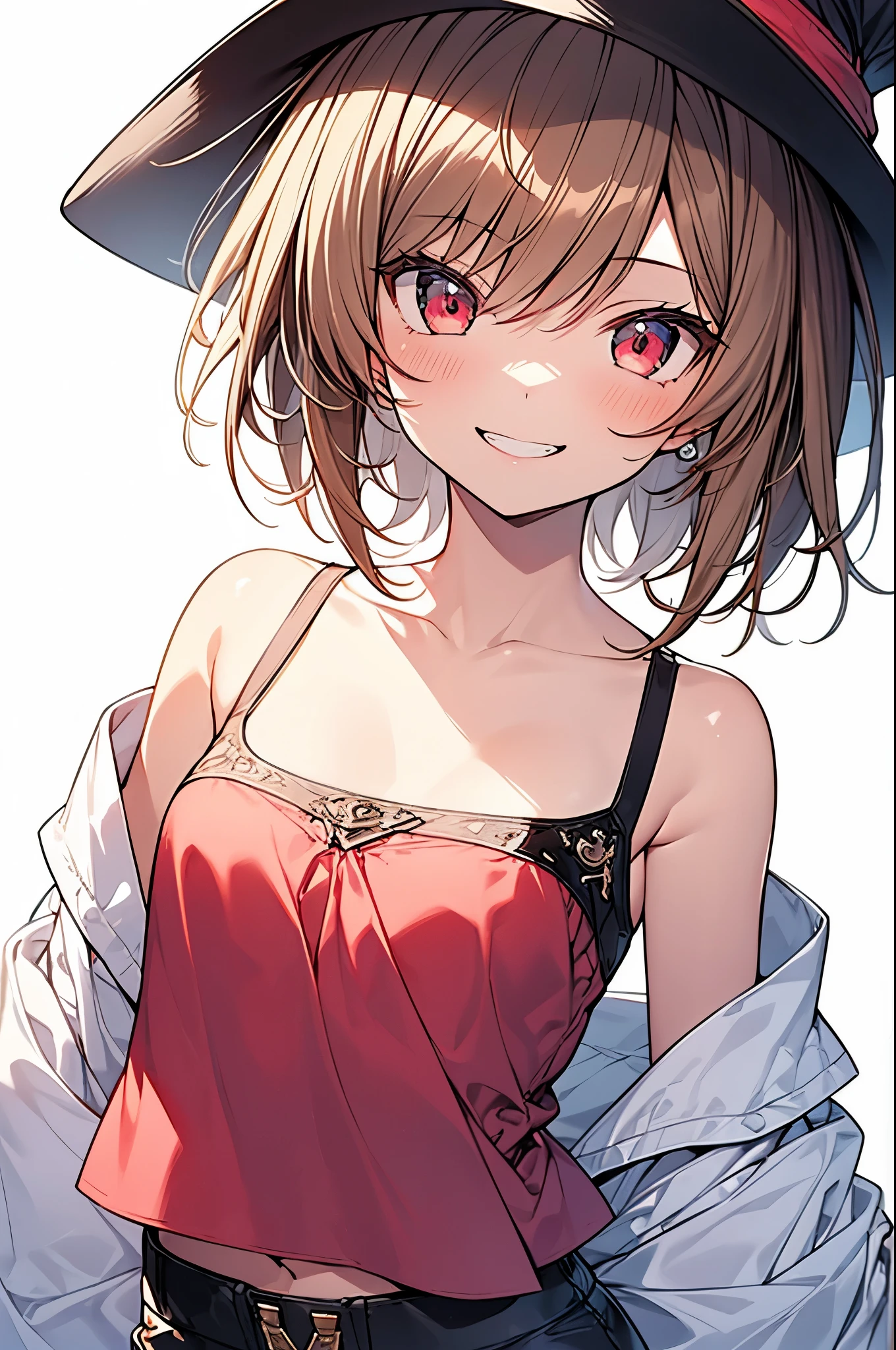 (Best Quality,8K,16k,high,masutepiece:1.4), (Ultra-detailed, ultra-detail, complexly detailed, finely detail, Hyper Detail REIT), Digital Enhancement, ultra-detailed digital anime art, ray tracing, Ultra-detailed, Perfect Pixel, pastel color, Beautiful anime girl, (upper body shot:1.4), (white background:1.4), girl, 1girl in, Single, Solo, small breasts, (Layered cut), (short hair), (light brown hair:1.3), light red eyes, (red camisole), short pants, boots, cowboy hat, seductive smile,