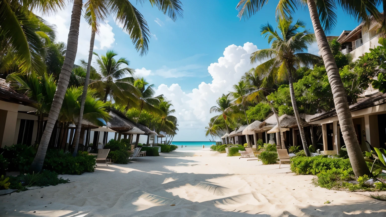 Along the tranquil beachfront, illuminated pathways wind through luxurious beachfront resorts. The image captures the essence of opulence and relaxation, with pristine white sand blending seamlessly with the sparkling turquoise waters. This vivid photograph showcases the vibrant tropical foliage lining the pathways, creating a lush, inviting atmosphere. The high-definition clarity and rich colors transport viewers to a paradise of indulgence and serenity.