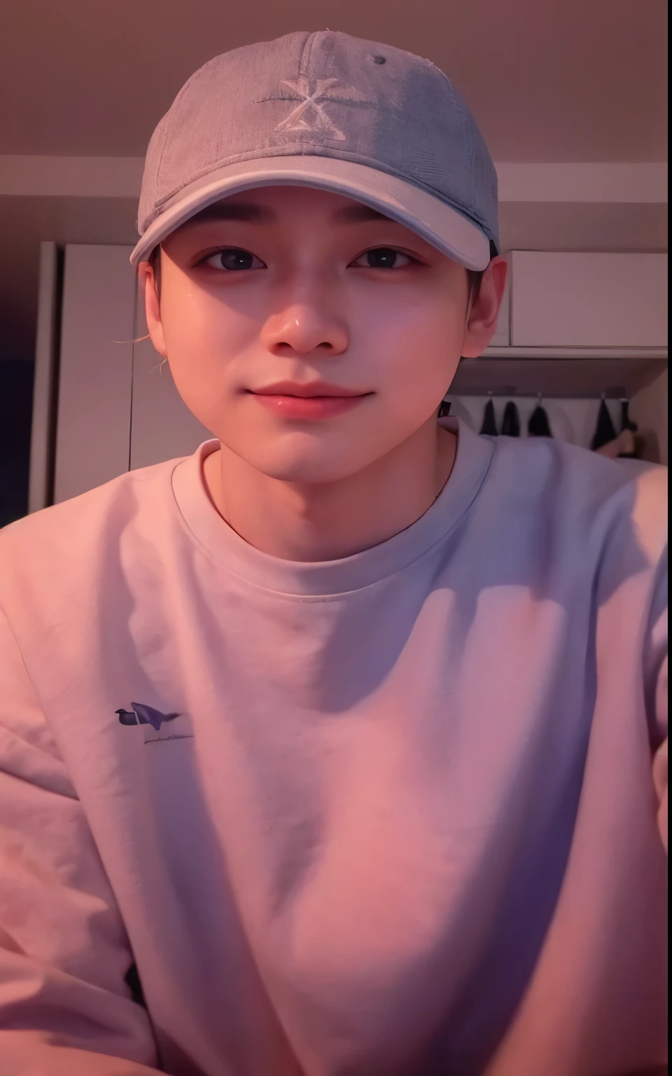sharp man with gray shirt and blue hat, Kim Doyoung, accurate Jimin face, a partir de 8k fosco, he is wearing a hat, Jimin\the right eyelid is swollen, ele tem cerca de 2 0 anos, ele tem cerca de 20 anos, park Jimin, imagem de qualidade muito baixa, adorable and pale korean face, inspirado em jeonseok lee