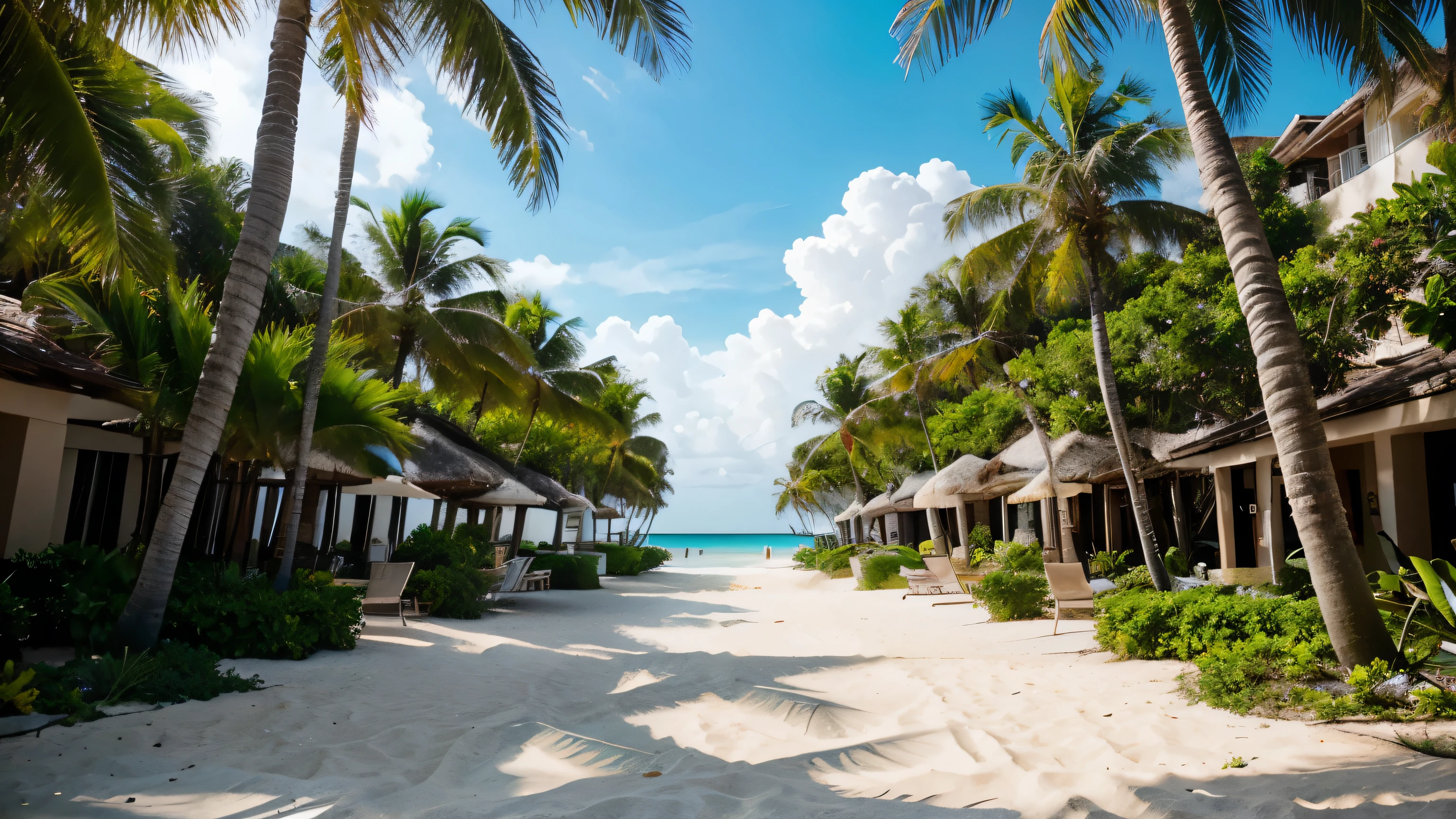 Along the quiet beach, Bright walkways lead past luxury beachside resorts.. The images capture the essence of opulence and relaxation., With pristine white sand mixed with sparkling turquoise waters.. This vivid photo shows the vibrant tropical foliage lining a walkway., create lush green, Attractive atmosphere. High contrast and rich colors transport viewers to a haven of relaxation and tranquility..