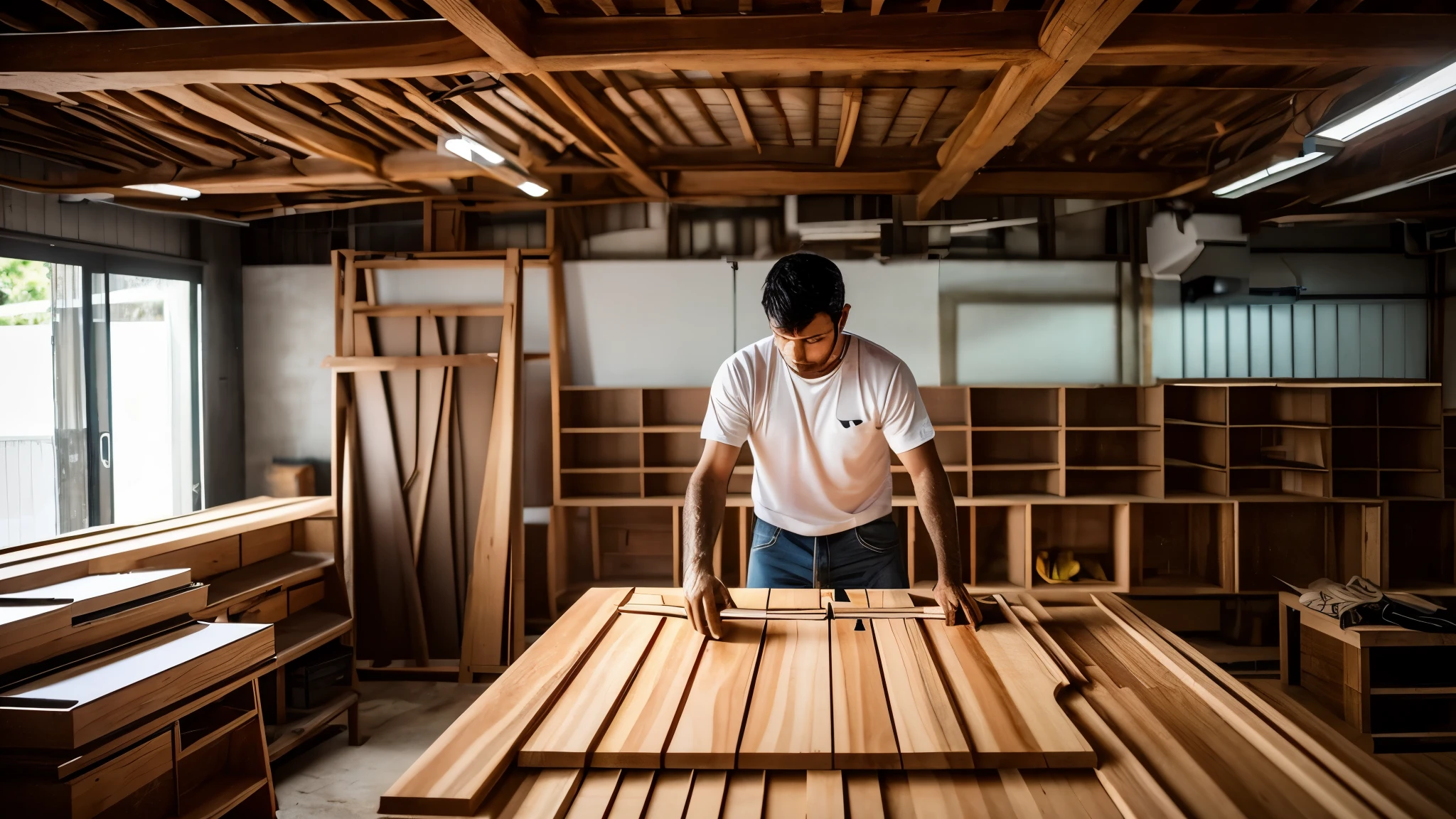 prime wood carpentry a man making a personalized Flamengo board in this place has a CNC router and a laser machine on the wall has a prime wood name as a logo 