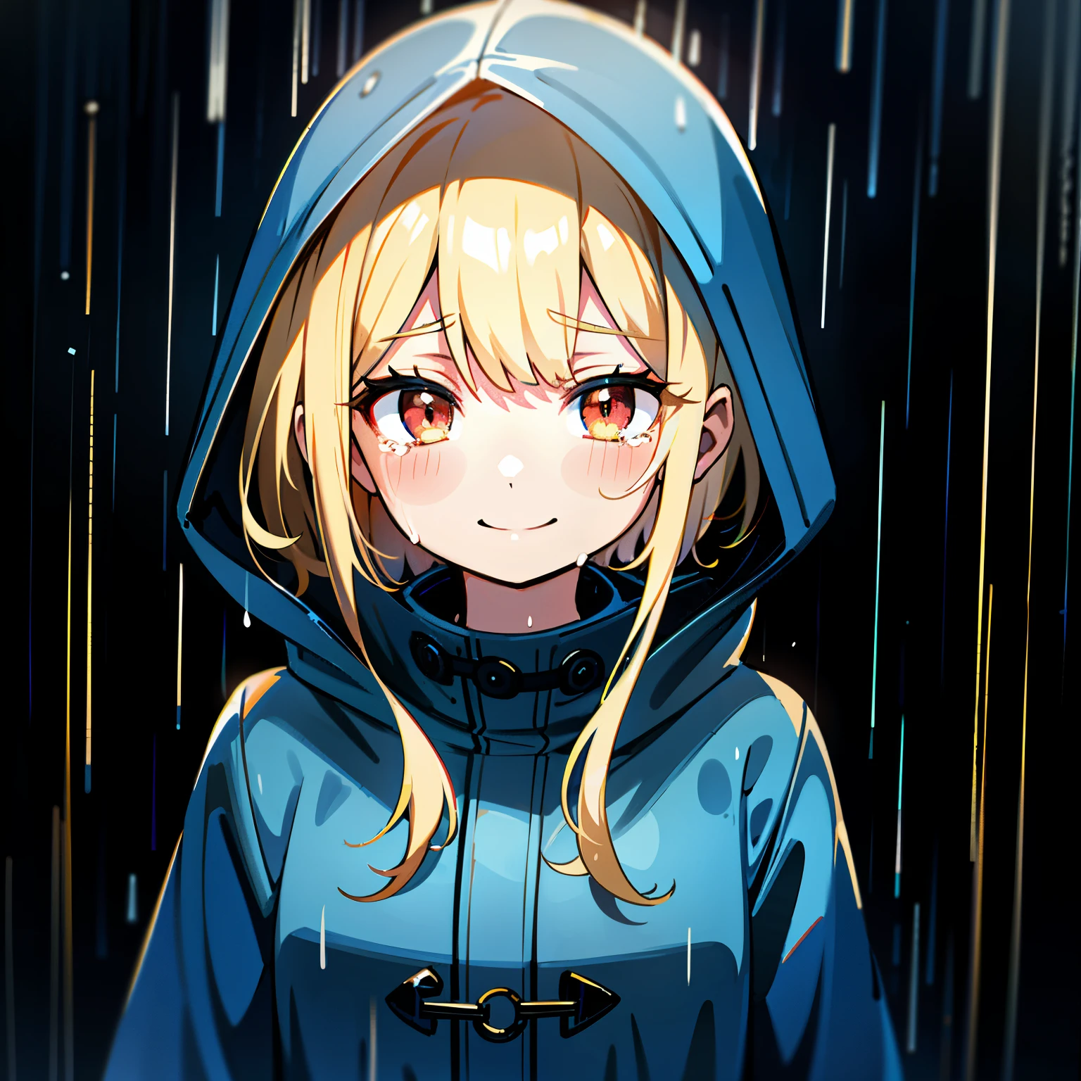 girl, blonde hair, red eyes, rain, look down, smile, tears, blue raincoat, hooded, town