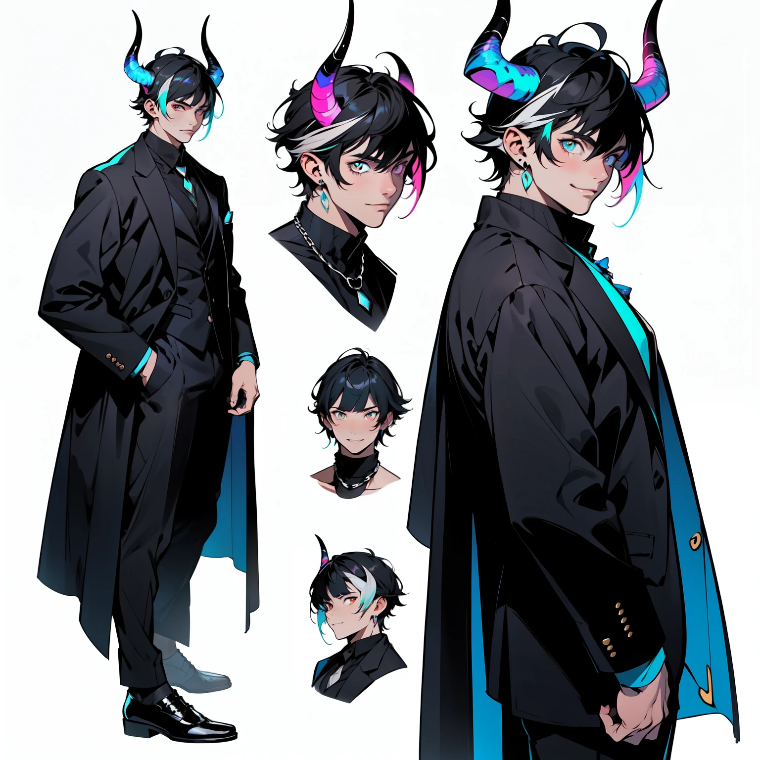 1boy, ((character concept, character_sheet, full_body)), black classic suit, man, concept art мужчины, (black and turquoise hair), black dress pants, black dress shoes, silver chain around the neck, A lot of silver, multicolored eyes, Eyes of different colors, multicolor eyes, bangs, blunt bangs, (grin), tongue out, (dragon horns on the head), overview of the character from all angles, Character head options are drawn separately, concept art, adopt, (((multiple views, front view, from above, from behind, from side, bloom, accurate anatomy, accurate best anatomy hands, accurate eye, best anatomy accurate eye, award anatomy))), (much contrast, highres, 8k, award winning, high quality, high details, super detail, anatomically correct, masterpiece, ccurate, UHD), ((White background)), (do not go beyond the edges of the image:1.2)