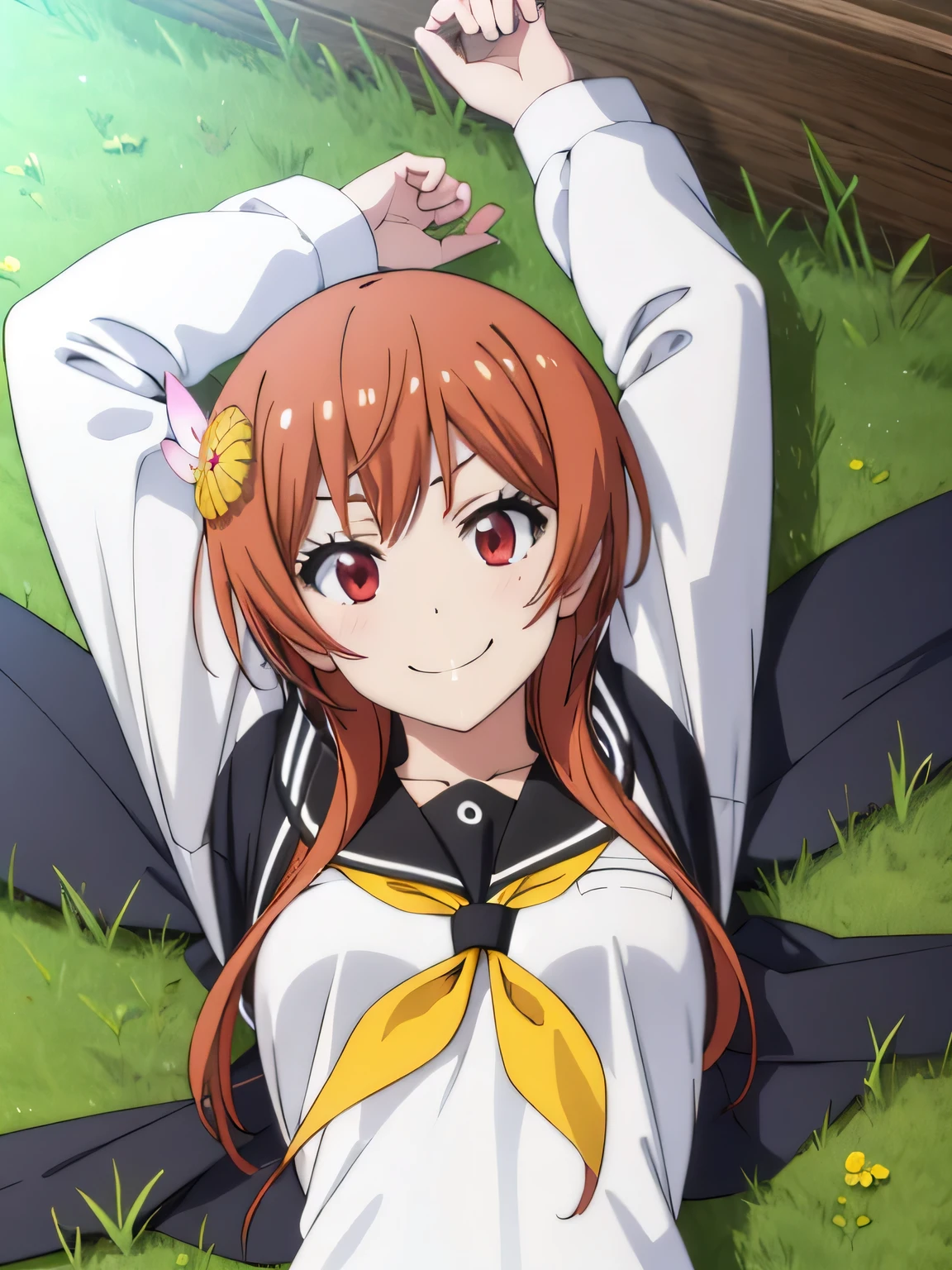  2D, anime coloring, upper body, high quality solo, cowboy shot, lying, on back, on grass, spread arms, shy smile, arms up, closed mouth, (absurdres), 1girl, solo, tachibana marika, school uniform, serafuku, looking at viewer, smirk, smug, smile