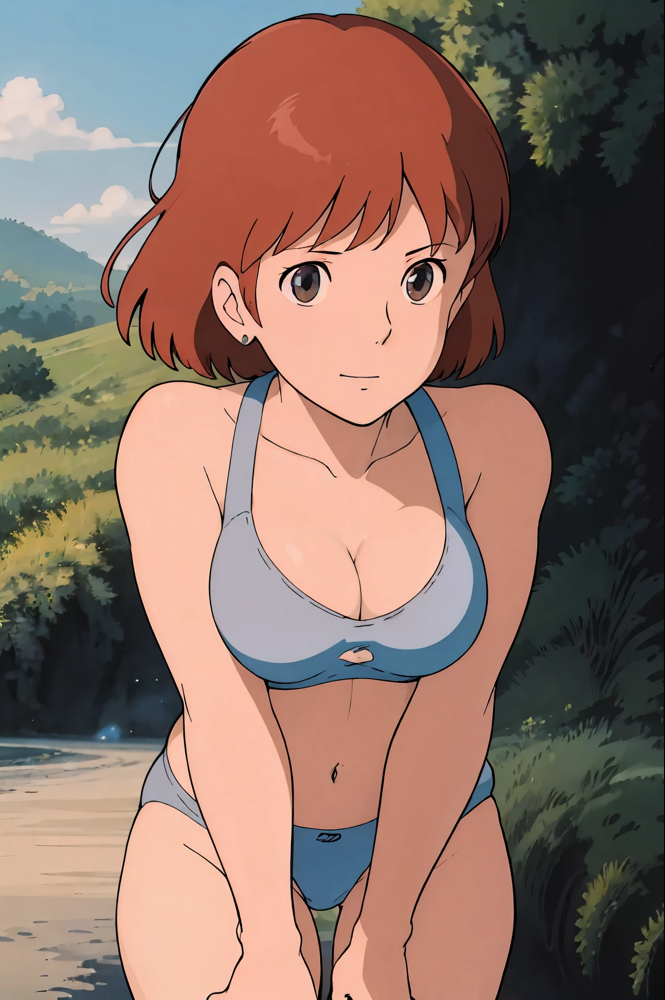 (masterpiece, best quality, high resolution, anime screencap, anime colored, 8k, photorealistic),1girl, Nausicaa,solo, brown hair, sad smile, (looking at viewer), cleavage, white lace decorated bra,white lace decorated panties,slender,thighs,beautiful breast,Curvey, cowboy shot, (lake, wet), (perfect detailed anatomy, beautiful detailed face&eyes:1.5, shiny skin, perfect sharp body)