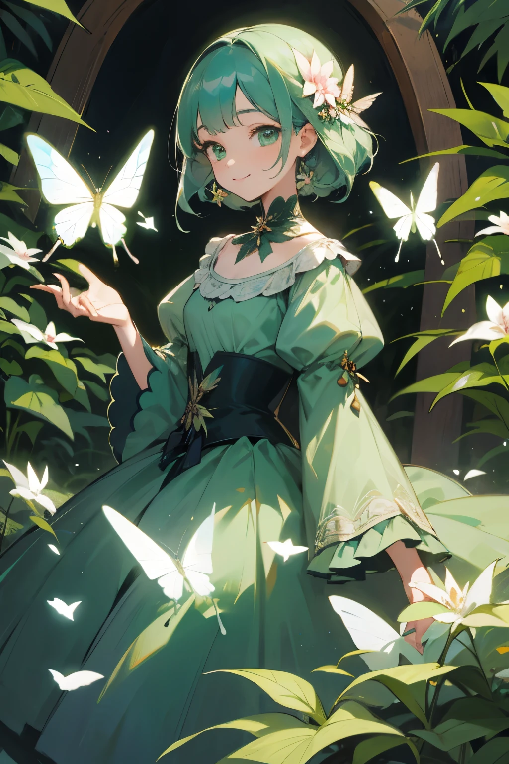 highest quality、High resolution、emerald green eyes, vintage dress、smile、aqua hair、petal、wood、butterfly、girl surrounded by animals