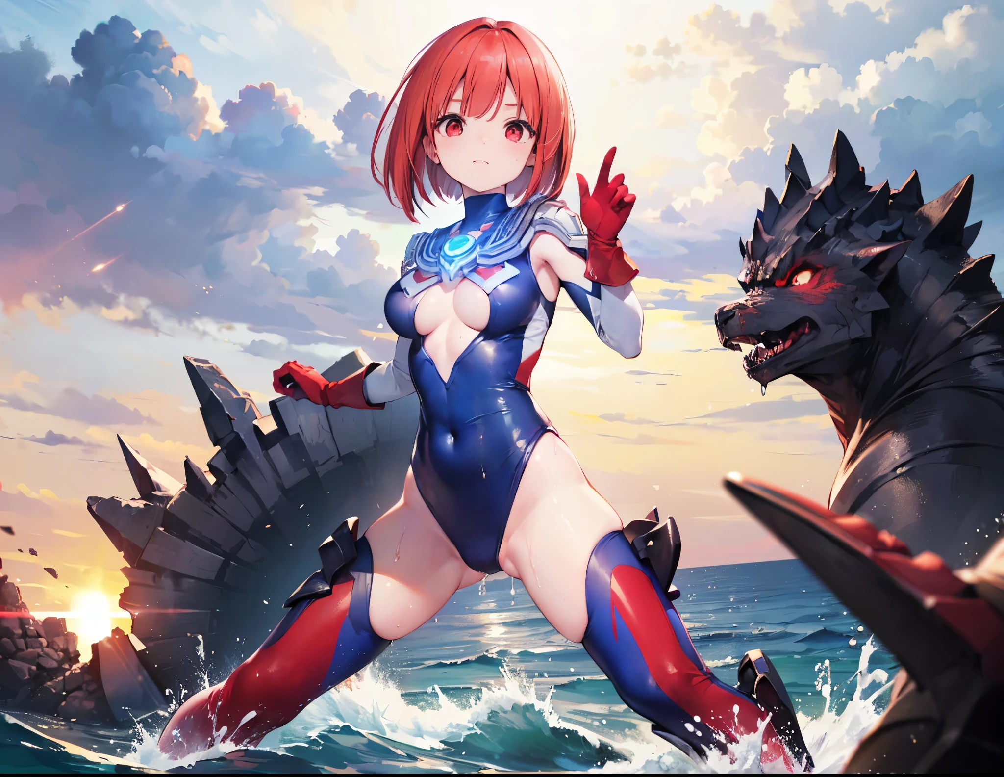highest quality, ultra detail, High quality CG drawing, The most delicate and beautiful, Floating gently, High resolution, (1 giant woman), (Highest image quality,4K,8K,masterpiece:1.2),(all red hair:1.5),(short bob:1.5),(red eyes:1.5), Ultraman,(Ultra GP :1.0), 赤いUltramanボディスーツ,slightly bigger breasts,red gloves,(rampage :1.0), whole body, (troubled face :1.2), (finding stance), ((dynamic), be familiar with fingers, be familiar with hands, be familiar with face), everything is complicated, Godzilla (attack :1.2), (battle with monsters, battle with monsters, finding), be familiar with,(battle at sea:1.2),soaked in the sea,inflammation,(get wet:1.3),(Turn your back to your audience:1.3)