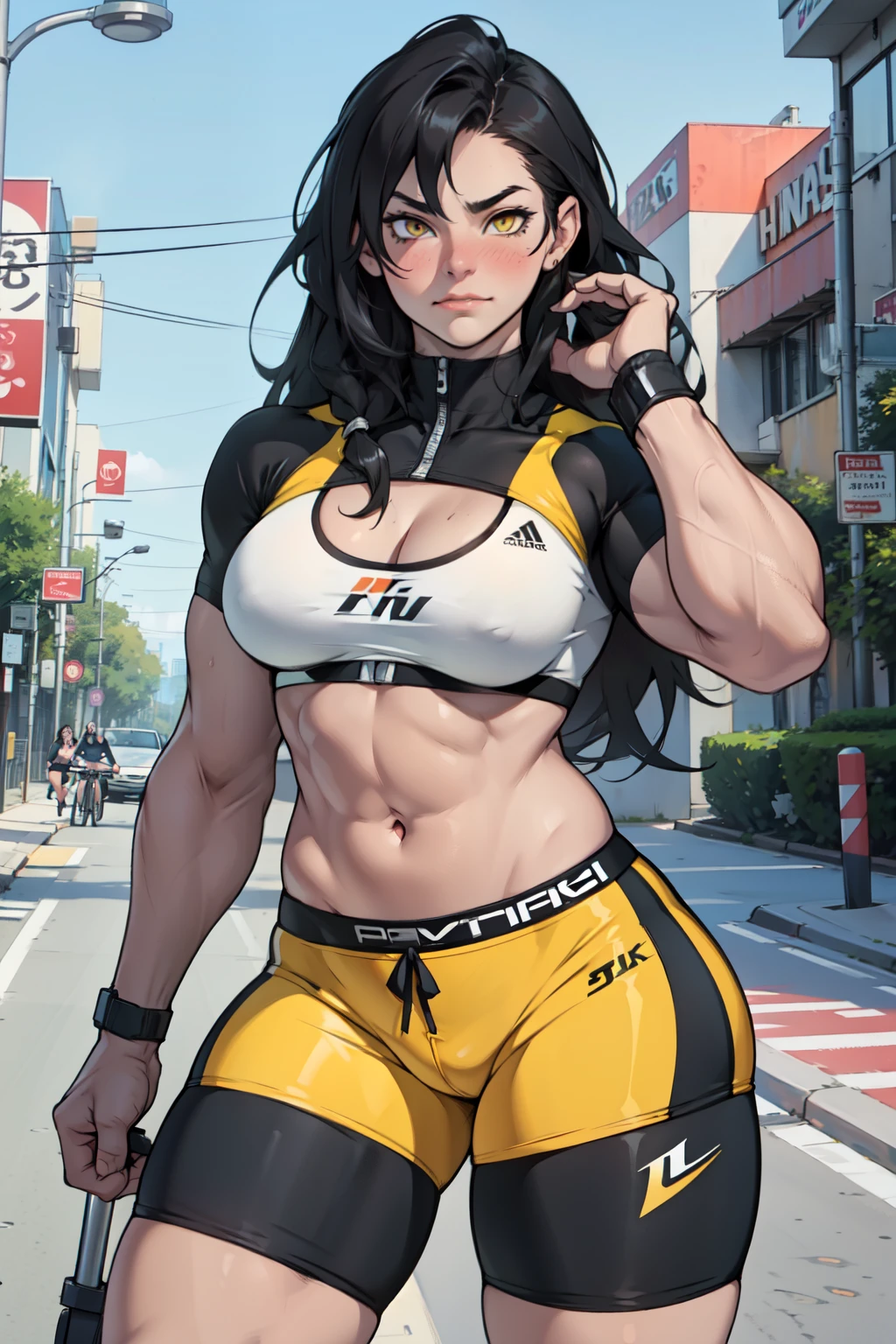 ((1girl)) pale skin (muscular large breasts) toned body thick thighs black hair yellow eyes (long hair) bodybuilder full-face blush (seductive expression) best quality perfect anatomy compression bra bike shorts best quality