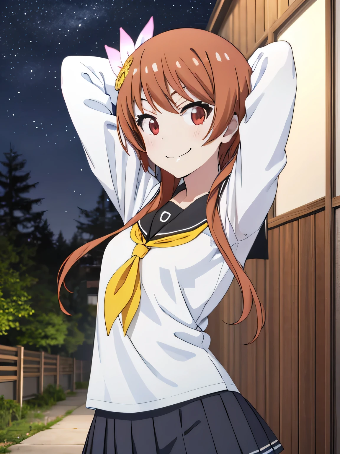  2D, anime coloring, solo, upper body, high quality, closed mouth, solo, upper body, night sky, forest, arms behind head, contrapposto, small smile, spread armpits, (absurdres), 1girl, solo, tachibana marika, school uniform, serafuku, looking at viewer, hand on own face, smirk, smug, smile