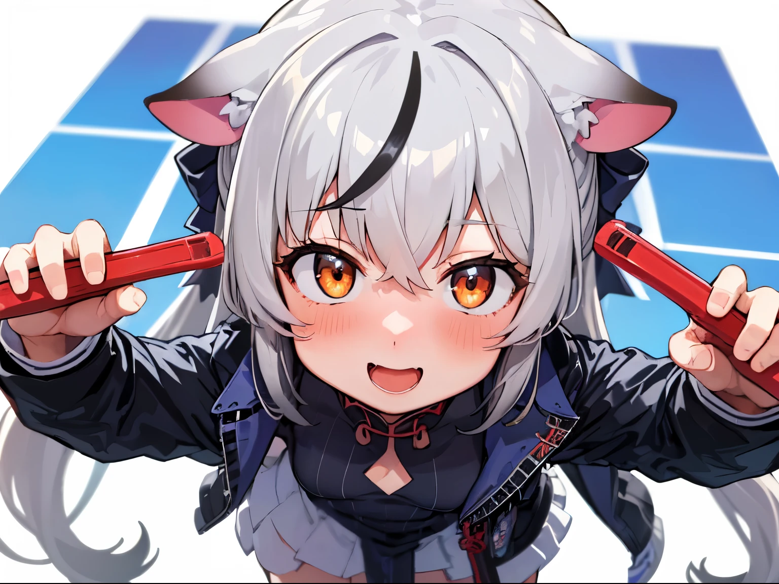 masutepiece, top-quality, ultra-details, Solo Focus, 
(1KOKONA, open arms for viewer), 
pigeon toed, 
, White hair, Orange Eye, Smile:0.8, blush:1.3, 
Black clothes, Black jacket, White skirt, 
(From-front-above, Close-up Face:1.4),