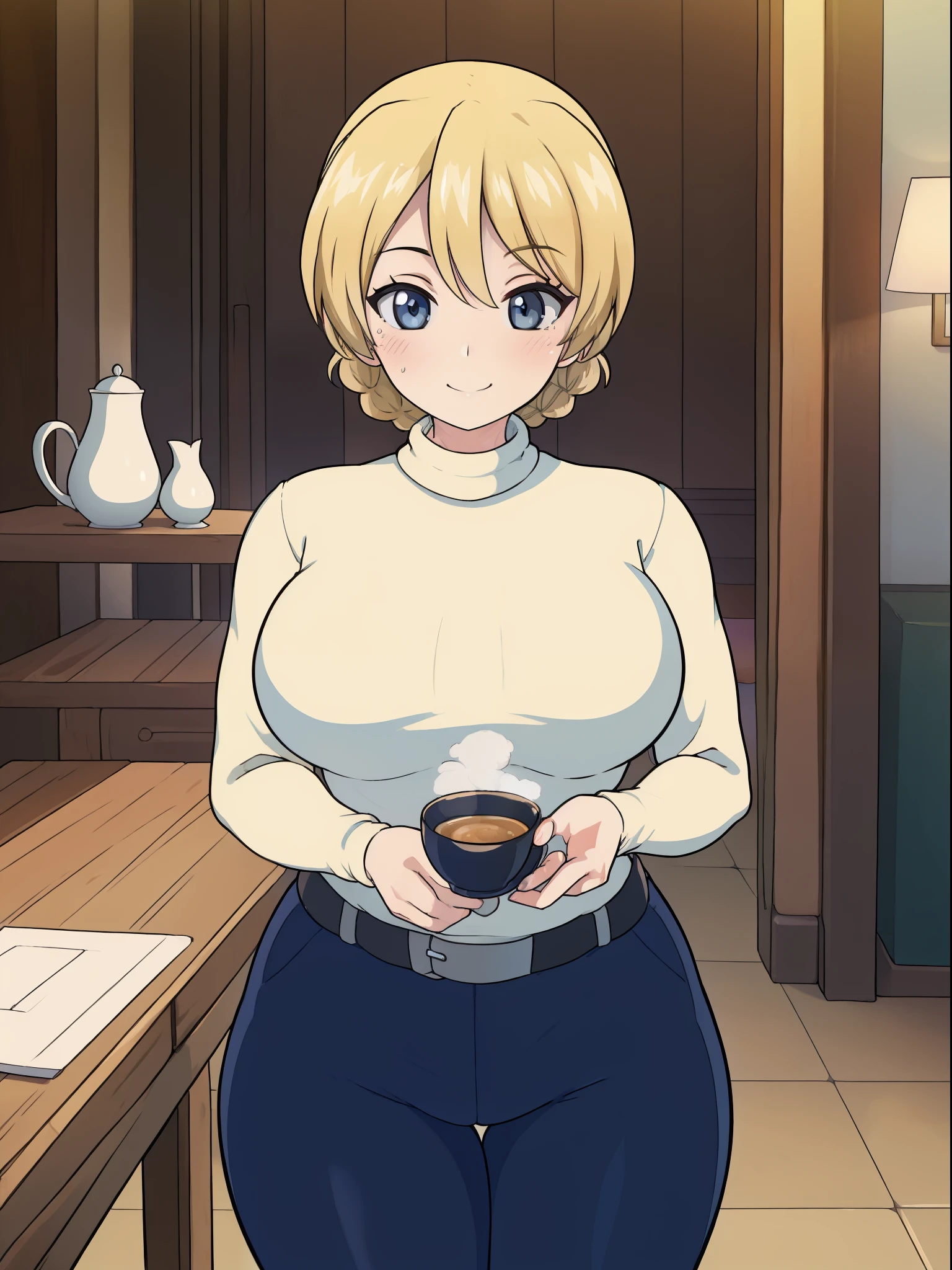  ((masterpiece)), ((best quality)), ((ultra-detailed)), ((illustration)), detailed face, ultra cute face, detailed body, ((1girl)), ((solo)), girls und panzer, blonde hair, Darjeeling, (dark blue turtle neck sweater), black pants, belt, medium breasts, wide hips, (thick thighs), indoors, in a room, furniture, looking at viewer, cowboy shot, holding tea cup, blush, soft smile, affectionate smile, flirting