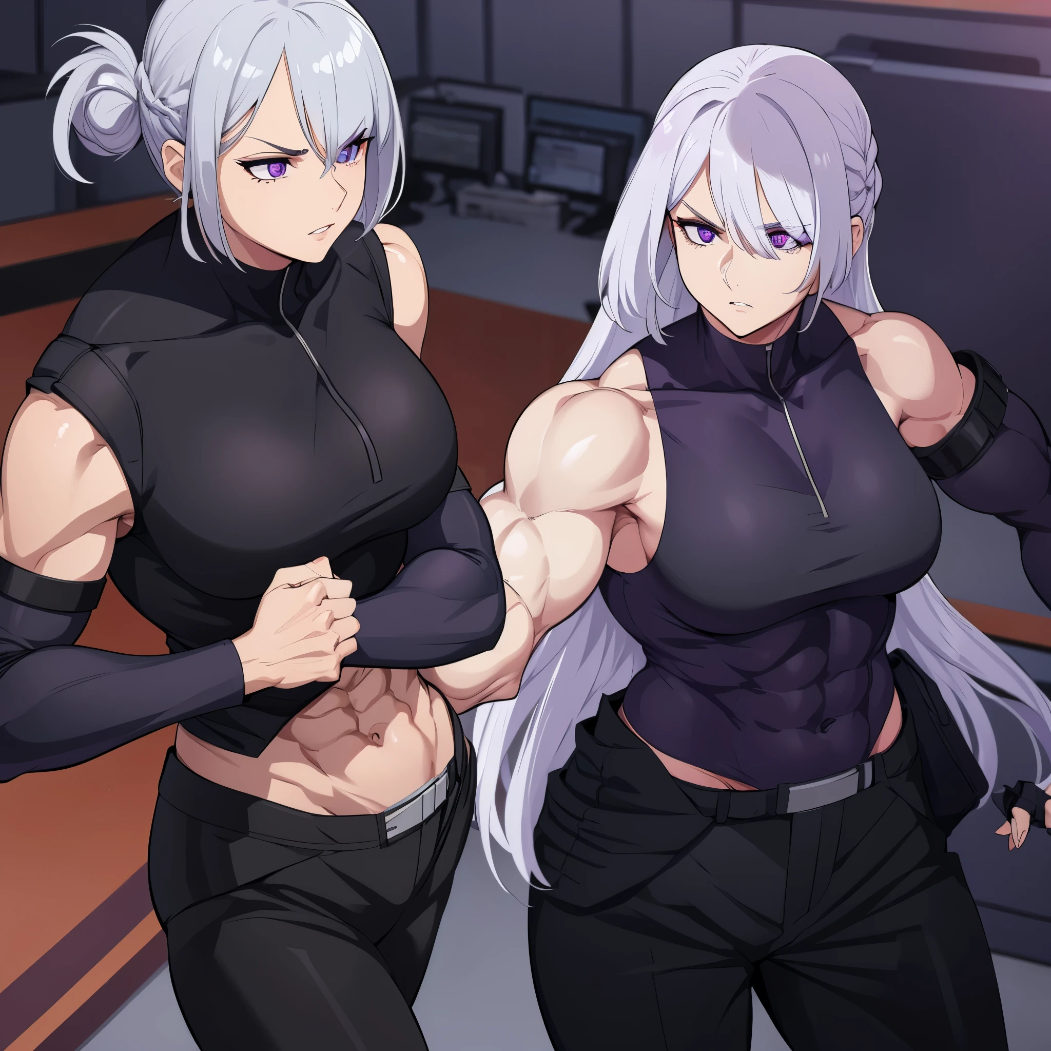 A woman wearing a black suit, silver hair, purple eyes, in an office, muscular, just a woman.
