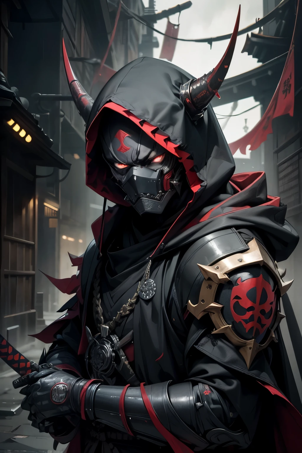 best qualityer, 4K, high resolution, work of art:1.2, ultra detali, realisitic:1.37, black art, portraits, mysterious atmosphere, mysterious lighting, Um homem de fully body, terrifying presence, imposing presence, ominous evening, saos no céu sombrio, menacing armor, um sao negra no peitoral, fully body, dark expression, sinister eyes, two twisted horns, razor-sharp claws, sinister priest&#39;s cloak, dark clouds, creepy shadows, light circuits in the armature, intense battle scene, dramatic composition, simple just a mask with a dragon mouth, de corpo todo, from head to toe, male Assassin ninja, dragon slayer, manoplas com razor-sharp claws sinistras metálicas, Cyberpunk mask with dragon mouth, fully hooded, no ears, chest and arms armor, sao, ((very dark eyes)), Face half covered, blond, em pé de fully body na imagem, uma sao negra com centelhas de luz suaves no peitoral, helmet with a very detailed draconic appearance, Eyes red, imposing and domineering black dragon in the background