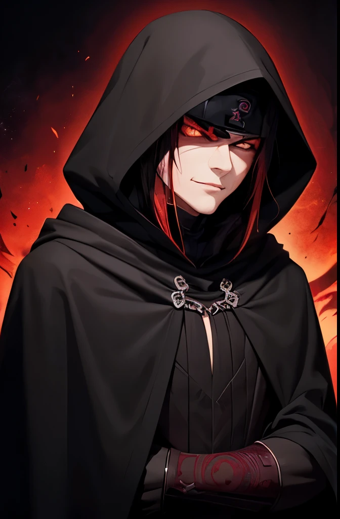 Design a character draped in a black cloak adorned with intricate patterns in a deep crimson-brown shade. Their visage is dominated by a wicked grin stretching from ear to ear, accentuated by a prominent scar that traverses their lips and terminates at the point of their chin. Their lustrous black hair, reminiscent of the night sky, is interspersed with vivid red highlights. The upper contours of their countenance remain veiled beneath the ominous shroud of a hood, casting an enigmatic aura over their presence. Naruto art style