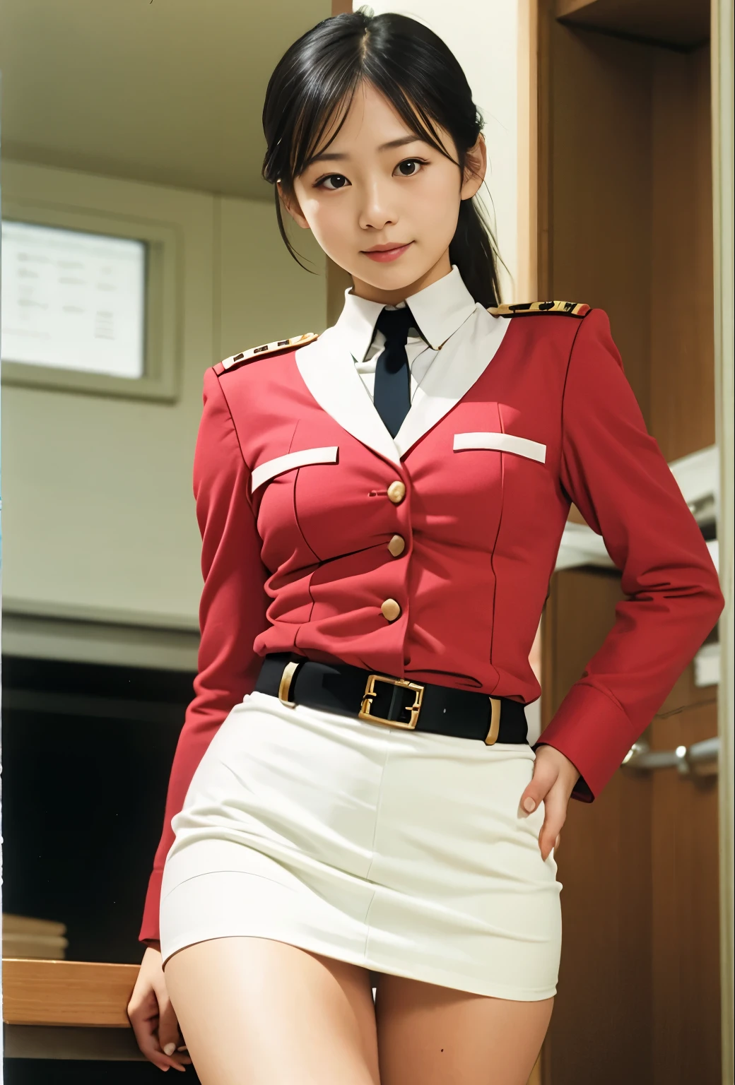 real photos、Highest image quality、beautiful woman、beautiful thighs、beautiful face、real image、federal army uniform miniskirt、ponytail、Yuriko Yoshitaka、16age日本人女性、Frau Bow、cute girl、white pantiesが丸見え、1６age、（white panties:1.3）、super mini skirt、beautiful thighs、white panties、赤いミニスカートがめくれてwhite pantiesが見えてる