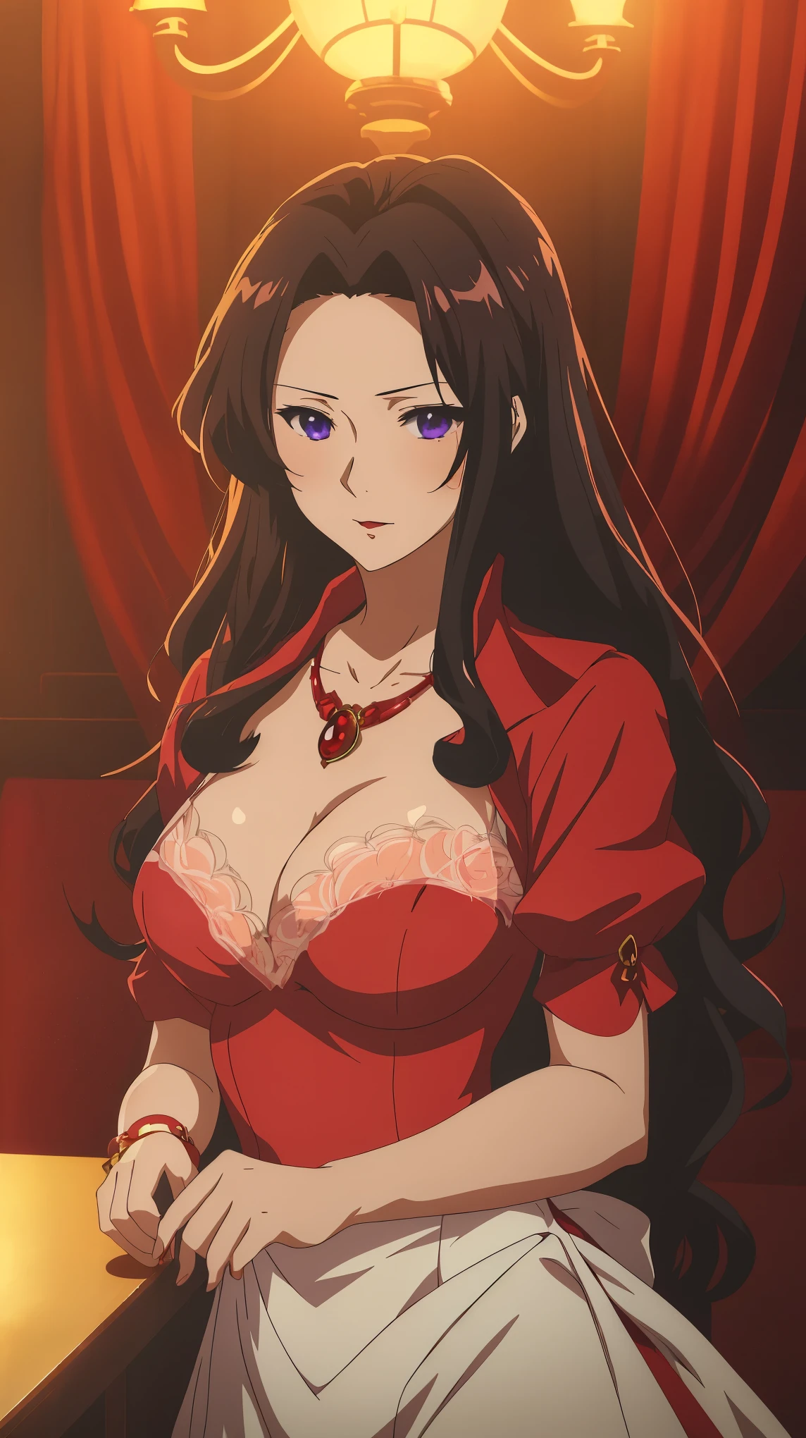 (best quality:1.1), (masterpiece:1.2), portrait, Cattleya baudelaire, ( Violet Evergarden), Cinematic lighting, movie anime cinematic lighting, anime girl in a red dress posing, seductive anime girl, black hair, beautiful purple eye, detailed eyes, Charming red lipstick, mesmerizing eyes, red jewelry necklace, beautiful alluring anime woman, attractive anime girl, beautiful anime woman, cute anime waifu in a nice dress, red dress, cleavage, white bra, anime best girl, smooth anime cg art, rin tohsaka, oppai, [ 4 k digital art ]!!, anime moe artstyle, marin kitagawa fanart