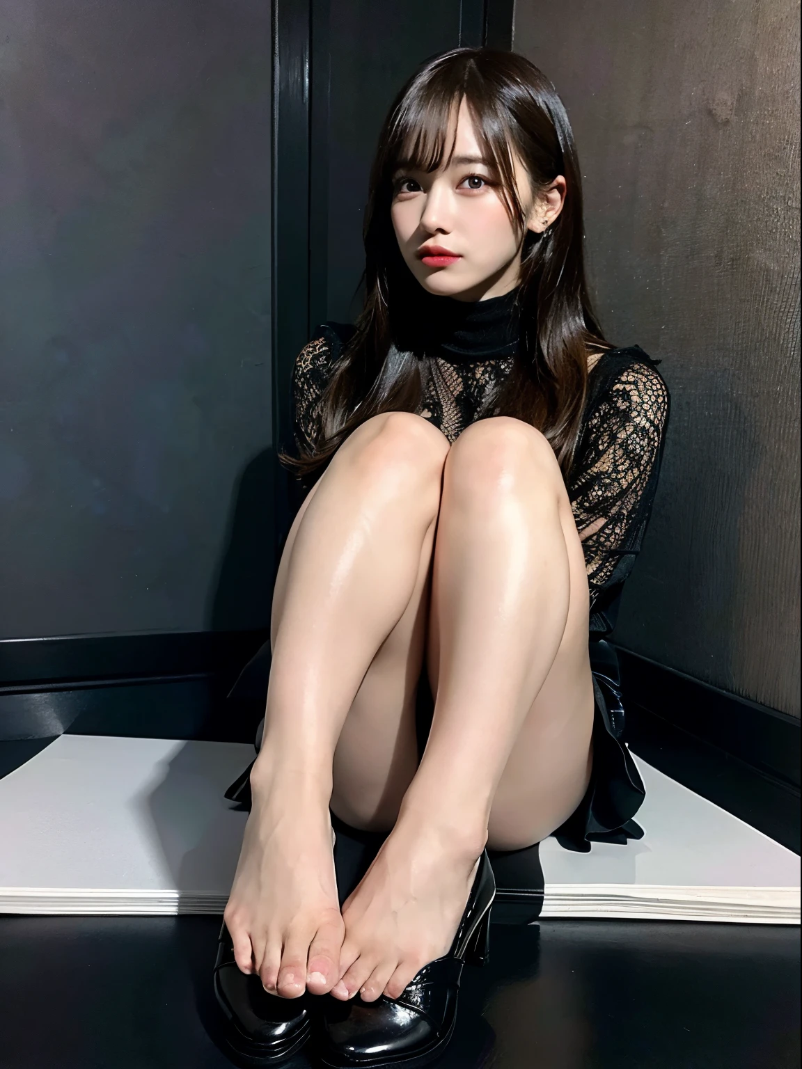 (best quality,8k,high-res,masterpiece:1.2), ultra-detailed, (realistic, photo-realistic:1.37), tabletop, extremely detailed, photorealistic rendering, girl and full body seen, black leather miniskirt, slightly averted eyes, profile, incredibly beautiful, cute, 8K wallpaper, intricate details, highly detailed 8K wallpaper, gravure, model, foot fetish, legs, leg fetish, visible down to the feet, vibrant lighting, soft shadows