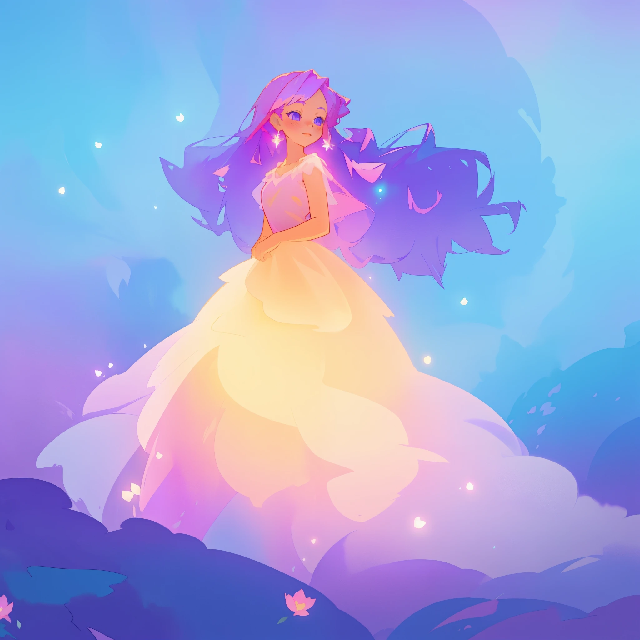 beautiful girl in gradient layered ballgown dress, long flowing purple pink hair, colorful fantasia background, watercolor illustration, disney art style, glowing aura around her, glowing lights, beautiful digital illustration, fantasia otherworldly landscape plants flowers, beautiful, masterpiece, best quality, anime disney style