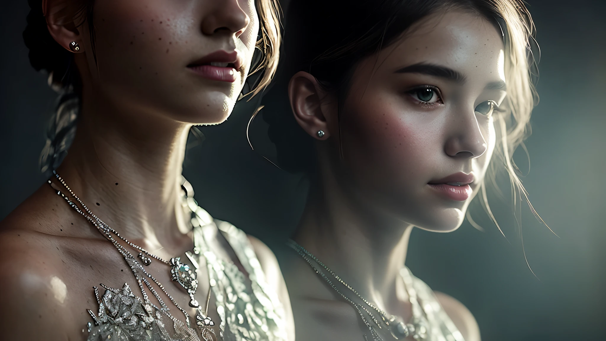 A captivating full-body digital painting of an enigmatic woman, graced with a halo mask and adorned in a necklace of precious gems. The intricate tonal mapping on her skin adds a mesmerizing depth and texture to the artwork. This masterpiece was meticulously crafted using Art Station's advanced tools. The woman's features are intricately detailed and rendered with razor-sharp focus, contrasted against the suave, dynamic lighting that envelops her body. The atmosphere is enchanting, filled with hazy, cinematic fog and the subtle film grain reminiscent of a professional photograph. With a regal poise, she faces the public