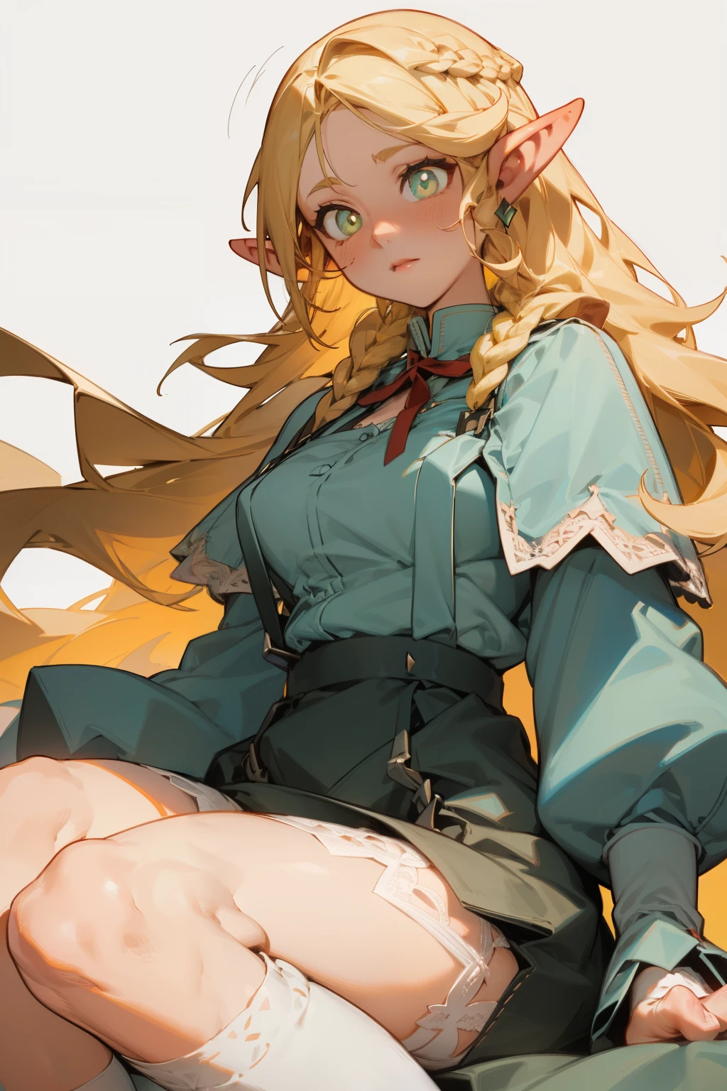 Pointed ears,Large target ,Two Legs(Princess hairstyle),Have long hair on the sideburns,White knee-length socks,Lace suspenders